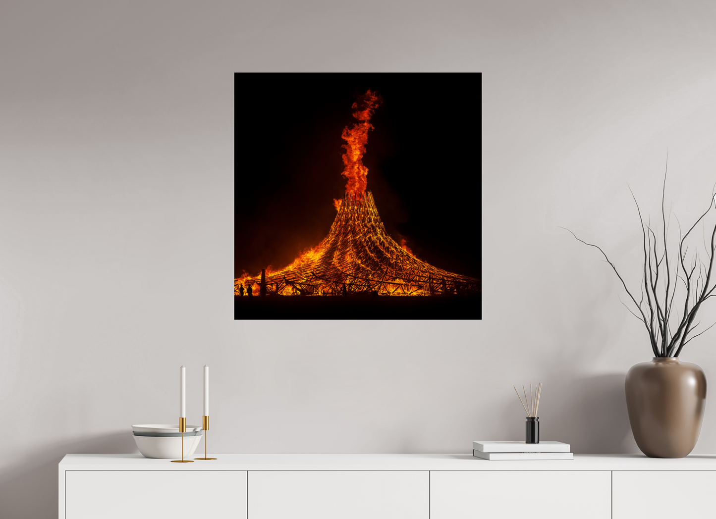 30 x 30″, Frameless Acrylic Glass Burning Man - Temple Burn 1