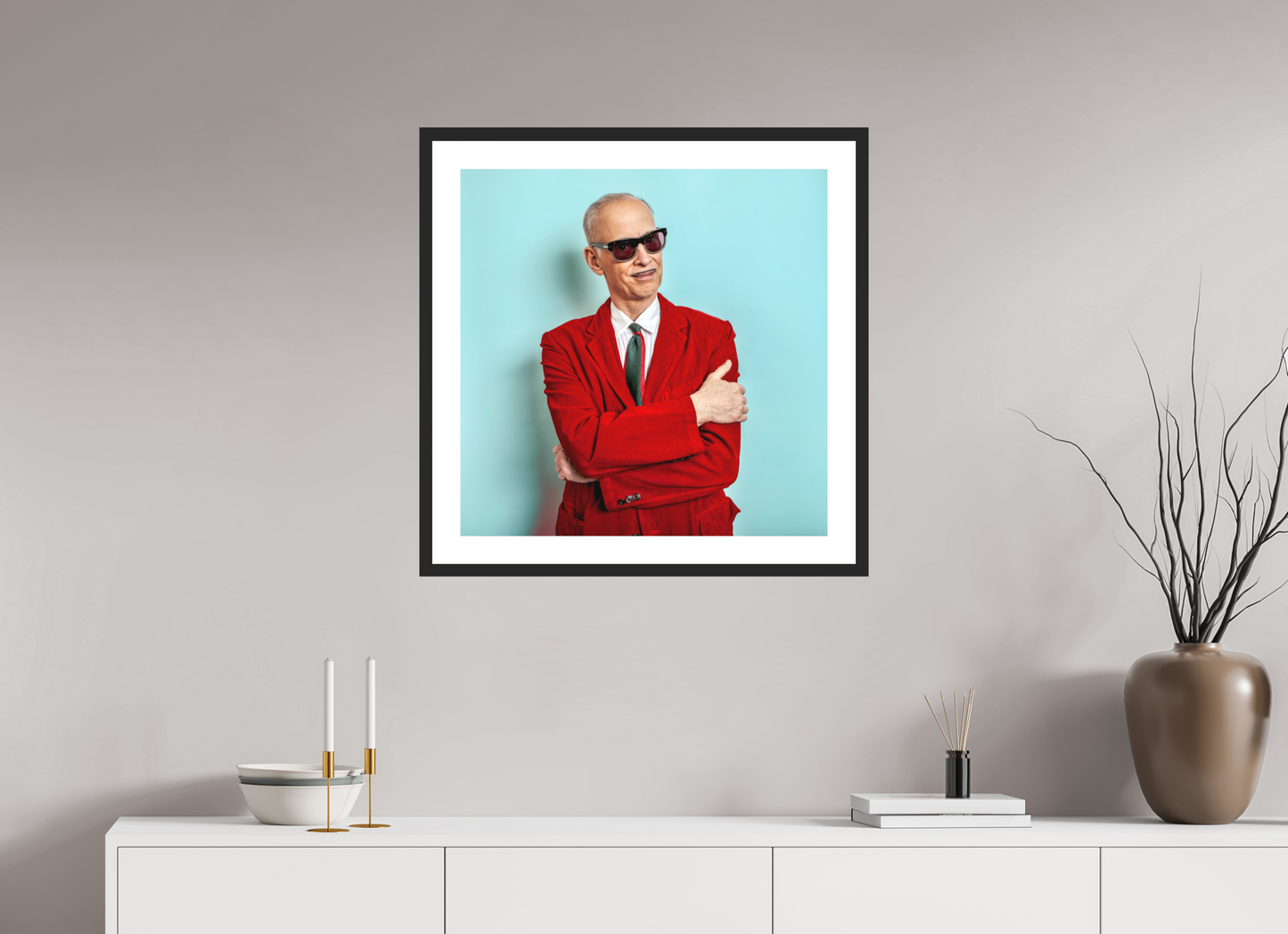 25 x 25″, Solid 0.8" Black Wood Frame With 2" Natural White Passe-Partout with Museum Glass John Waters, Director