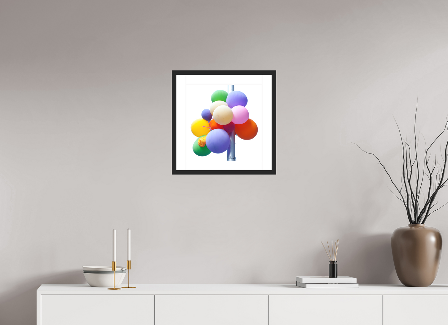 15 x 15″, Solid 0.8" Black Wood Frame With 2" Natural White Passe-Partout with Museum Glass Colorful Ballons Tied to a Lamp Post