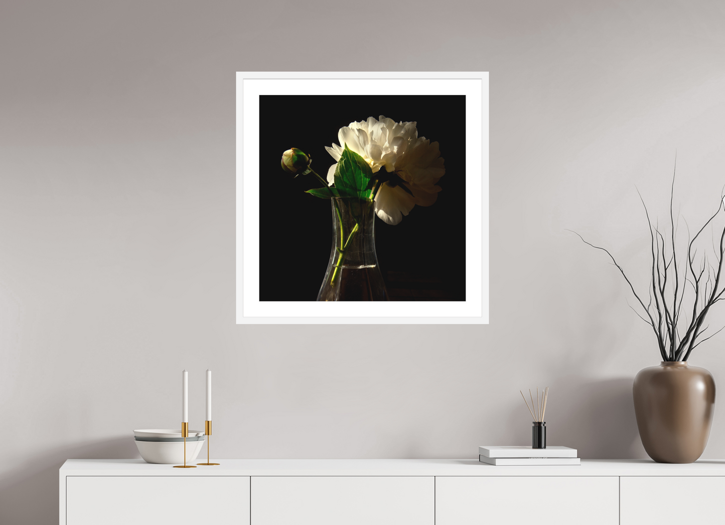 25 x 25″, Solid 0.8" White Wood Frame With 2" Natural White Passe-Partout with Museum Glass Flowers in Vase