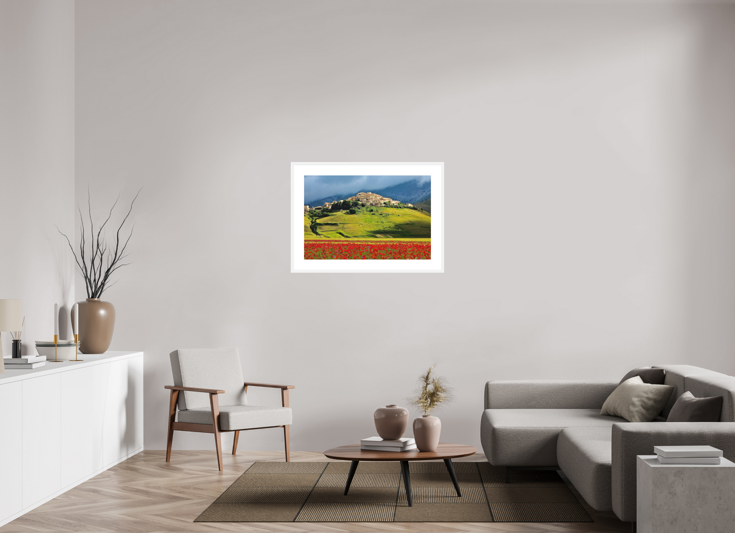 36 x 24″, Solid 0.8" White Wood Frame With 3" Natural White Passe-Partout with Museum Glass Castelucci, Umbrian Landscape