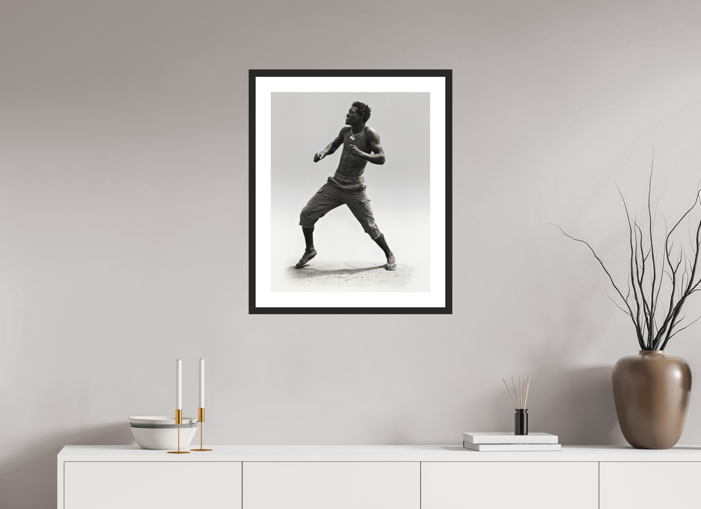 20 x 25″, Solid 0.8" Black Wood Frame With 2" Natural White Passe-Partout with Museum Glass Angolan Man Dancing