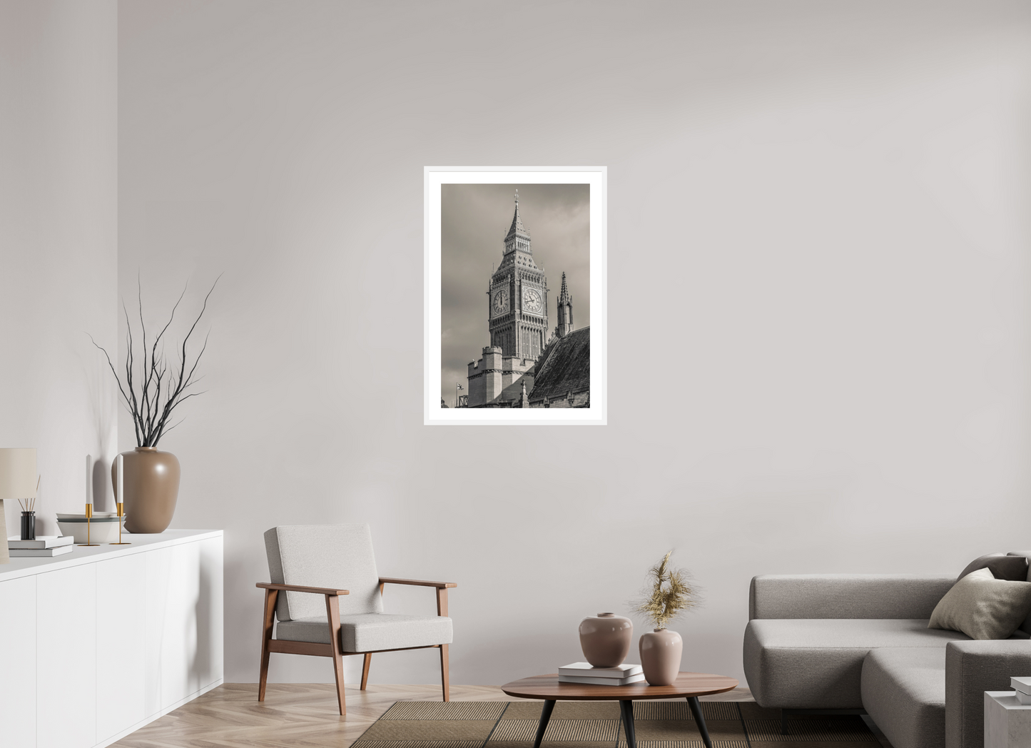 24 x 36″, Solid 0.8" White Wood Frame With 2" Natural White Passe-Partout with Museum Glass Big Ben