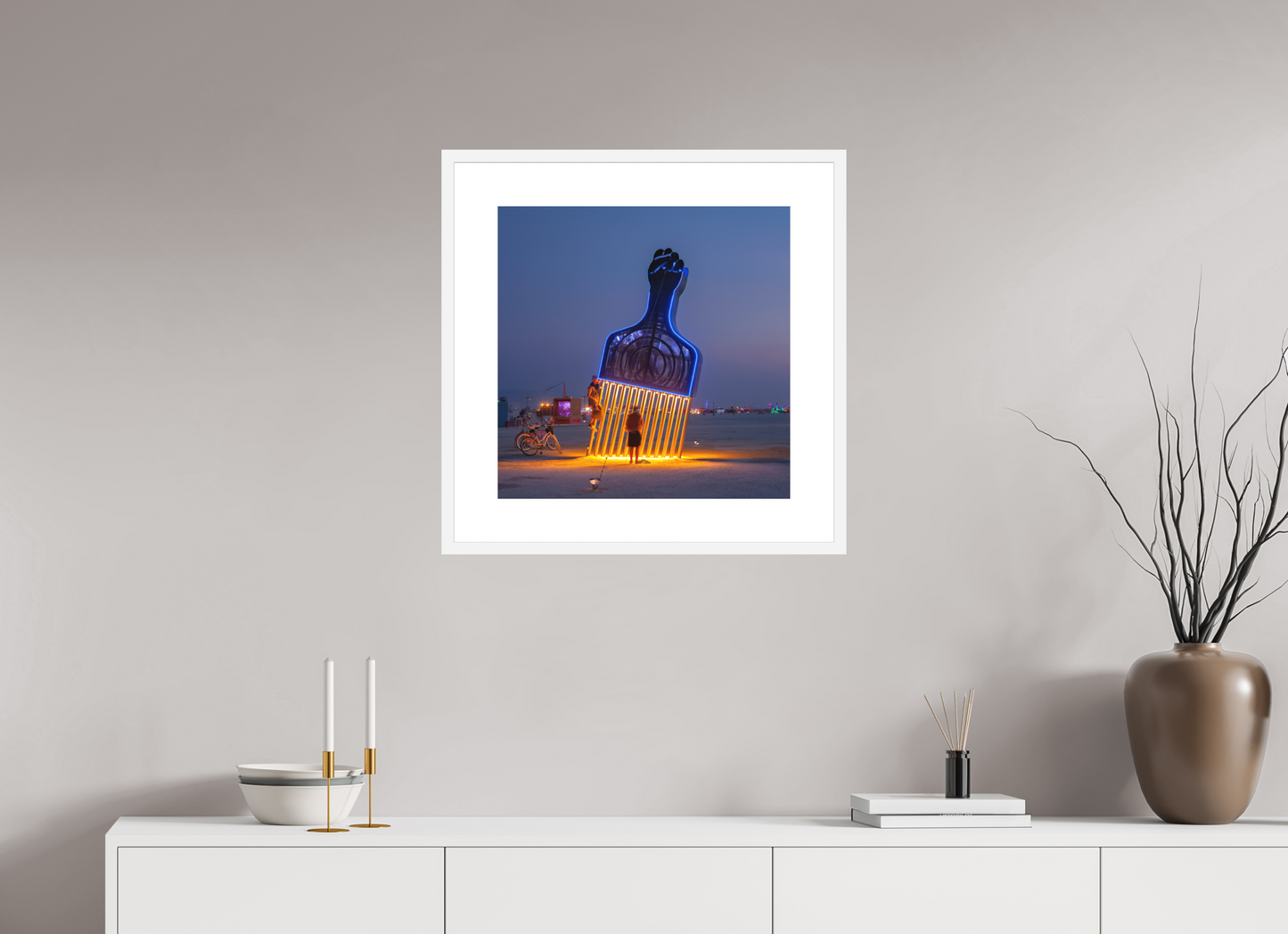 20 x 20″, Solid 0.8" White Wood Frame With 3" Natural White Passe-Partout with Museum Glass Burning Man - Fro Pick (square format)