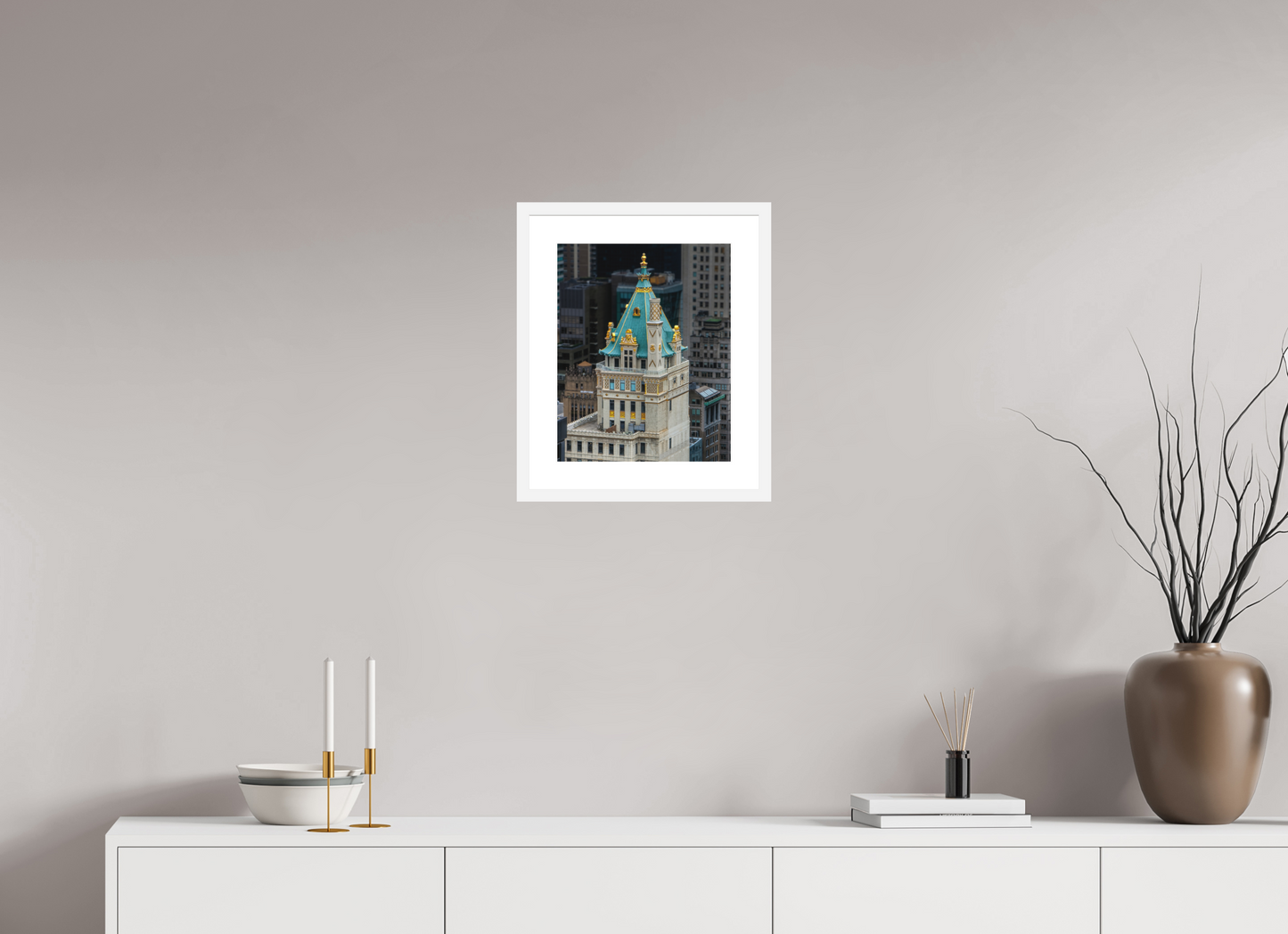 12 x 15″, Solid 0.8" White Wood Frame With 2" Natural White Passe-Partout with Museum Glass The Heckscher Building