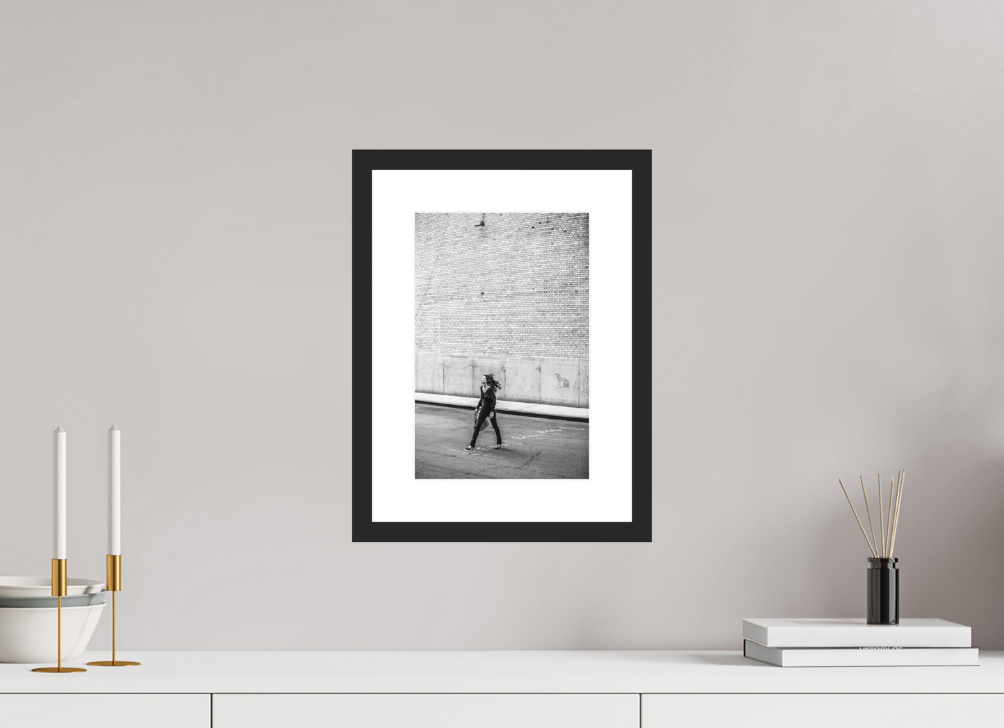 8 x 12″, Solid 0.8" Black Wood Frame With 2" Natural White Passe-Partout with Museum Glass Woman Walking Across the Street