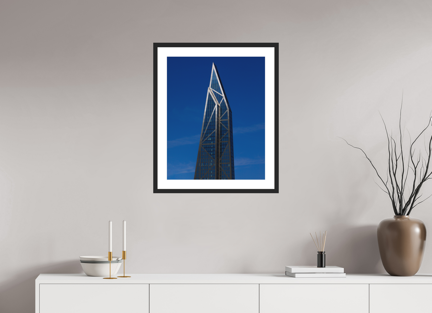 20 x 25″, Solid 0.8" Black Wood Frame With 2" Natural White Passe-Partout with Museum Glass MoMA Tower