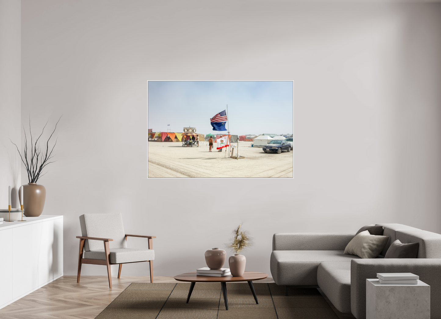 66 x 44″, White Matte Frame, No Border Burning Man - Two Flags
