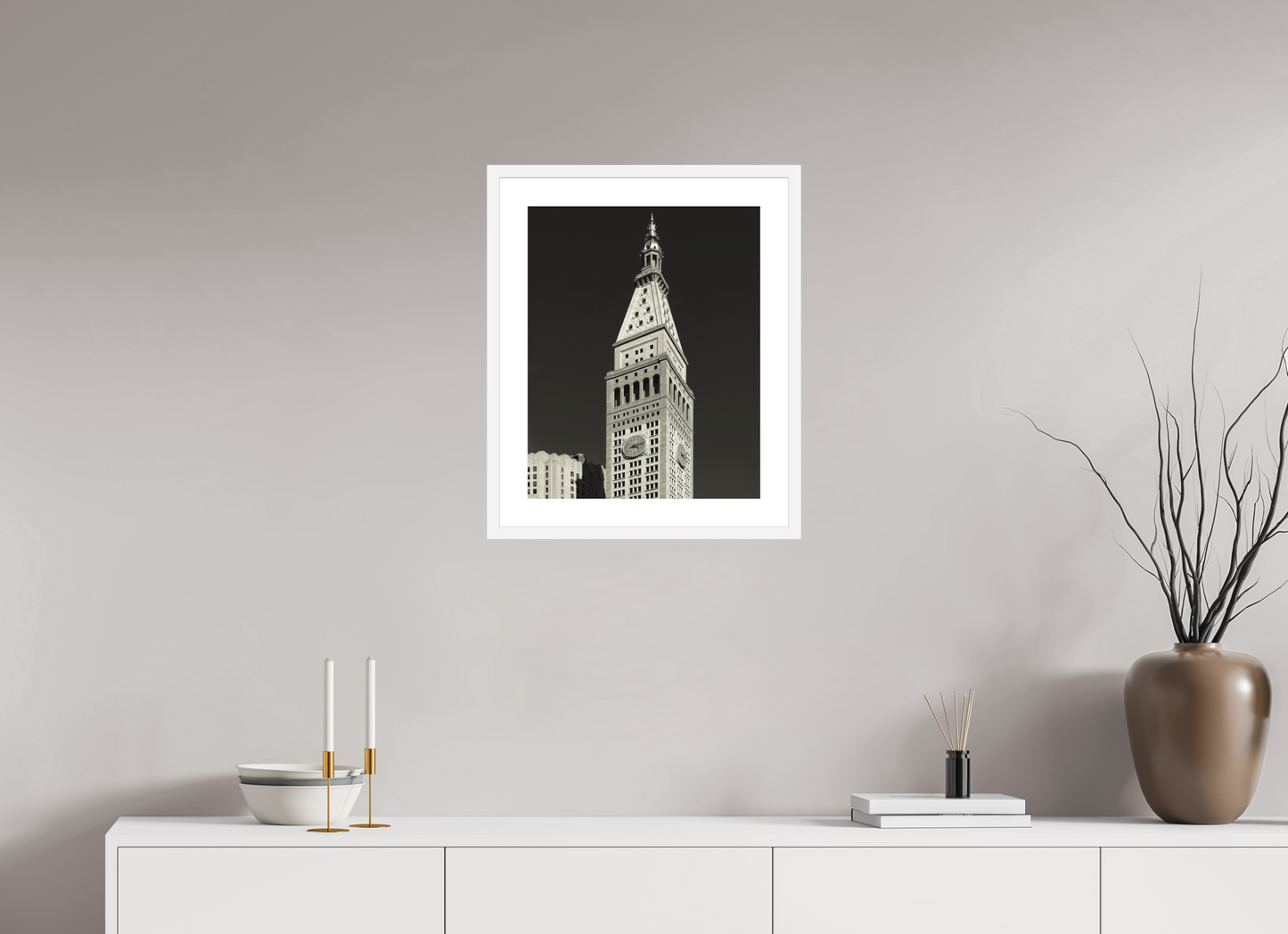 16 x 20″, Solid 0.8" White Wood Frame With 2" Natural White Passe-Partout with Museum Glass Metropolitan Life Insurance Company Tower
