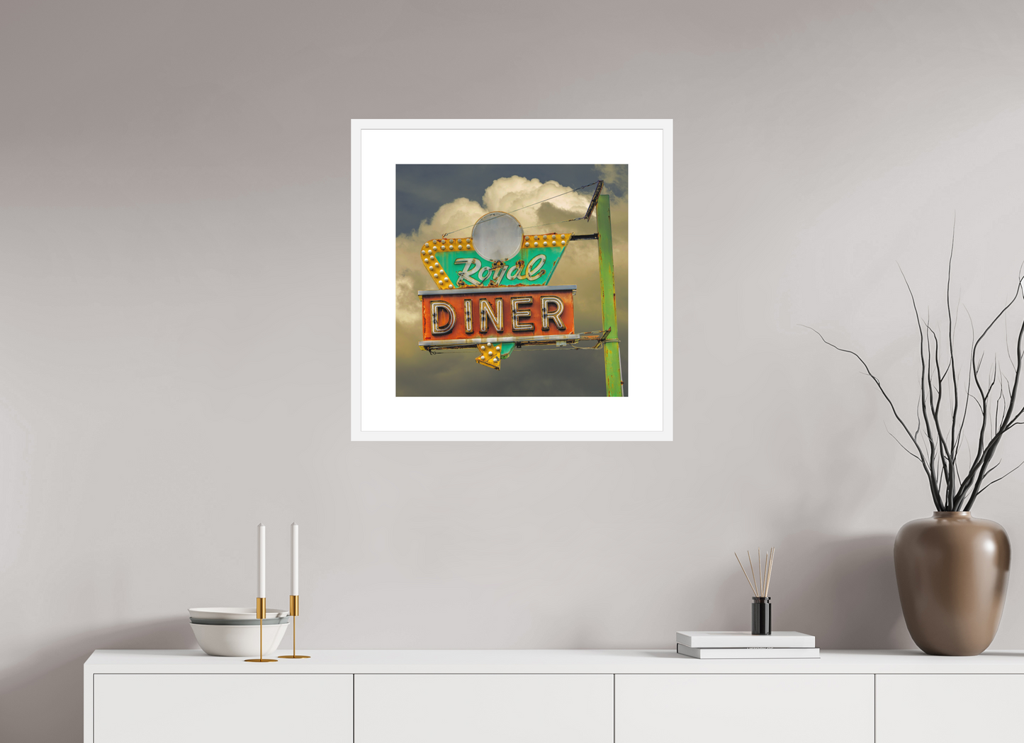 20 x 20″, Solid 0.8" White Wood Frame With 3" Natural White Passe-Partout with Museum Glass Royal Diner Sign