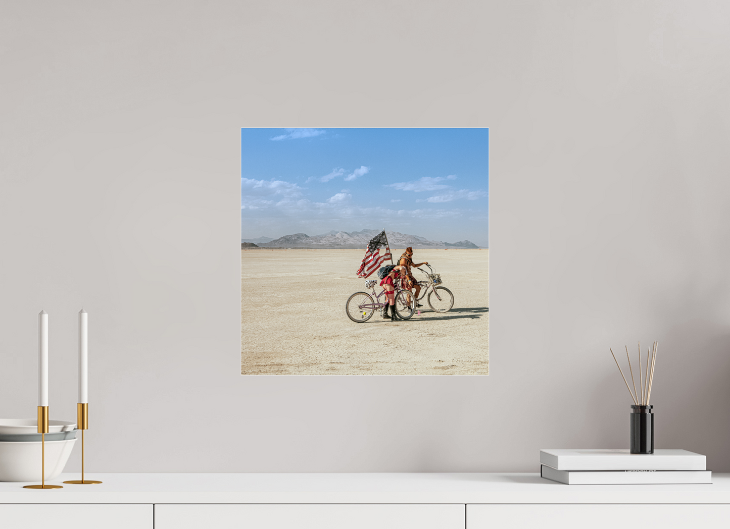 15 x 15″, Frameless Acrylic Glass Burning Man - Two with Bikes and USA Flag