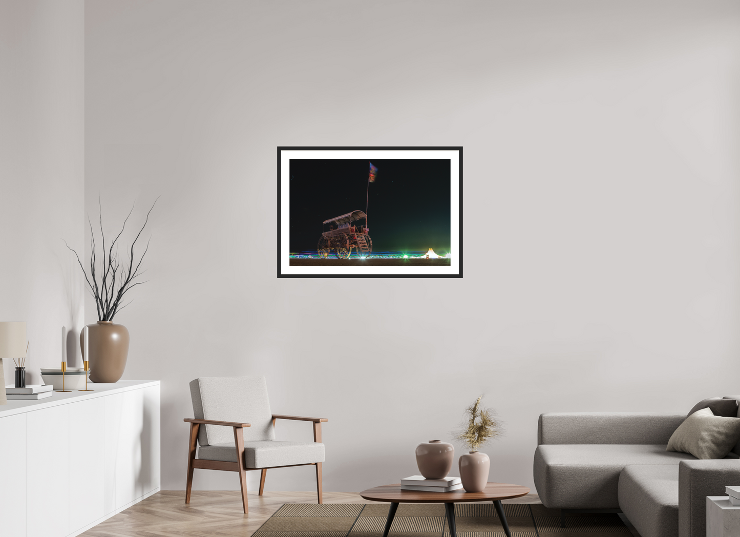 36 x 24″, Solid 0.8" Black Wood Frame With 2" Natural White Passe-Partout with Museum Glass Burning Man - Art Car with Flag