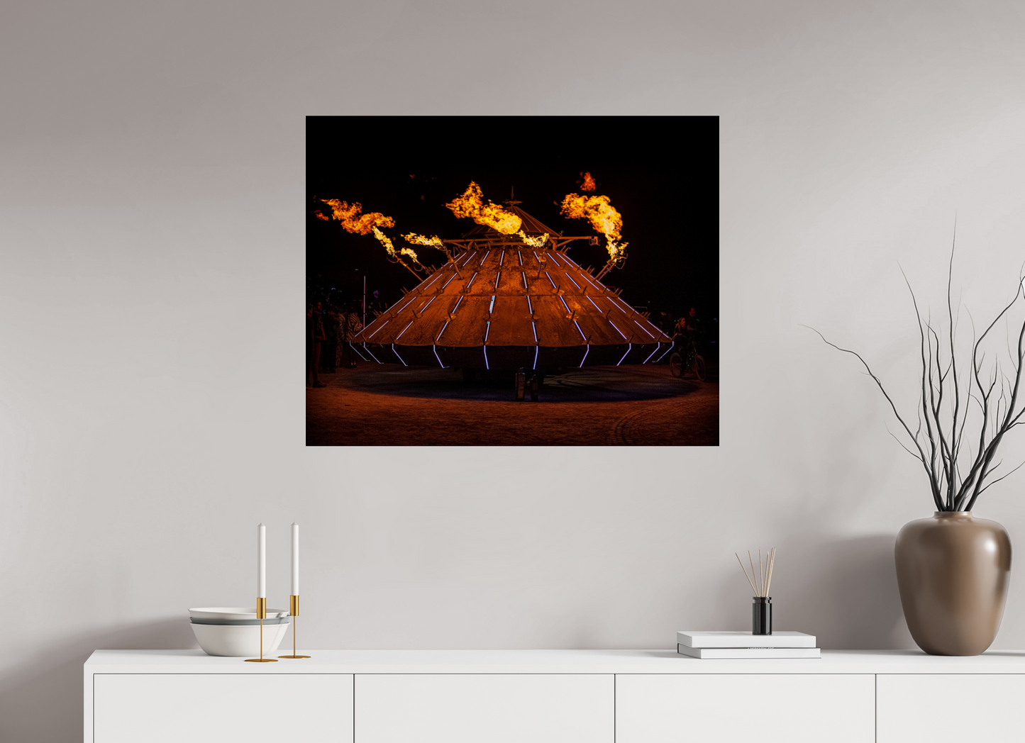 35 x 28″, Frameless Acrylic Glass Burning Man - Da Vinci Tank with Flames