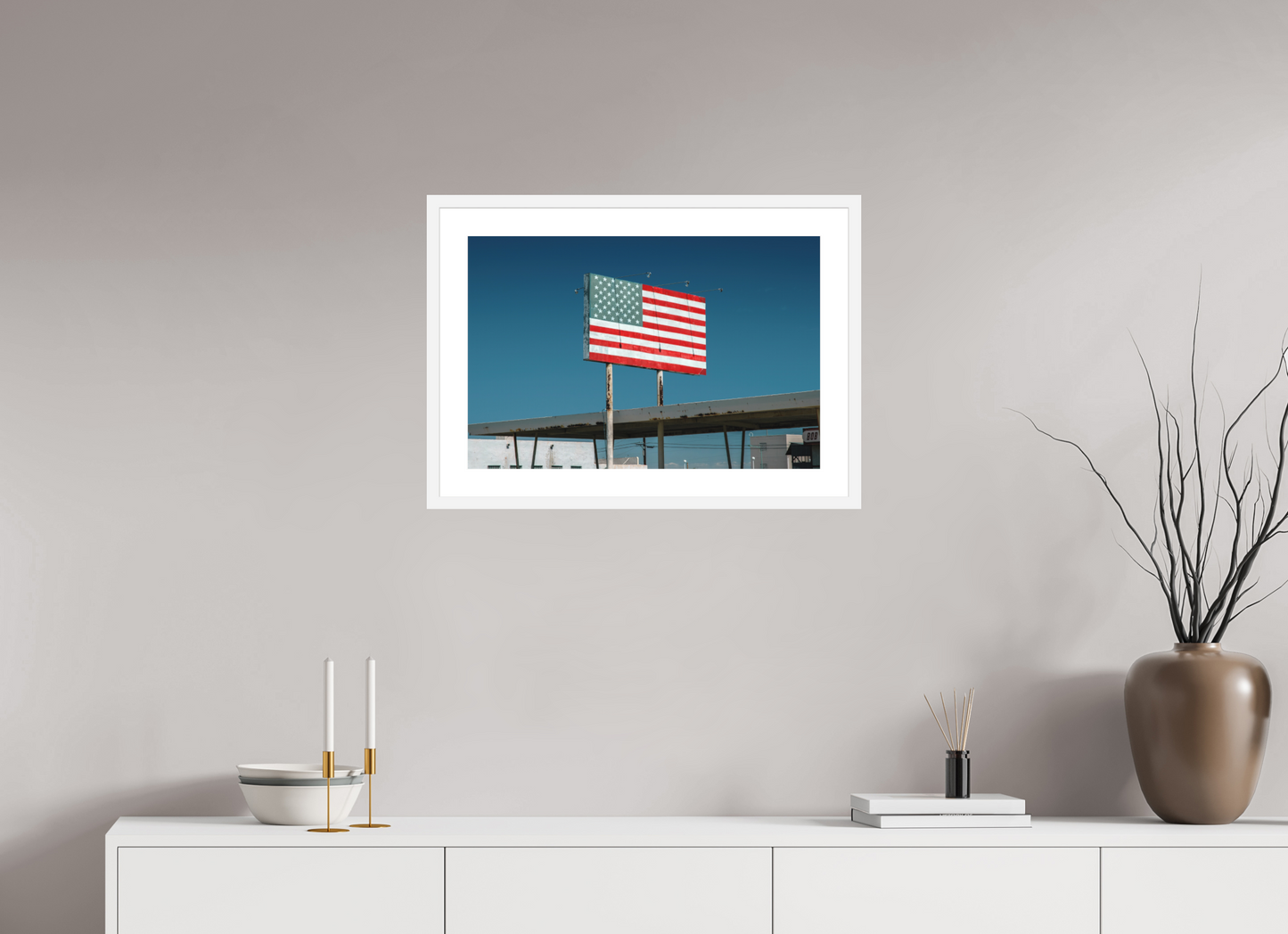24 x 16″, Solid 0.8" White Wood Frame With 2" Natural White Passe-Partout with Museum Glass USA Flag Sign