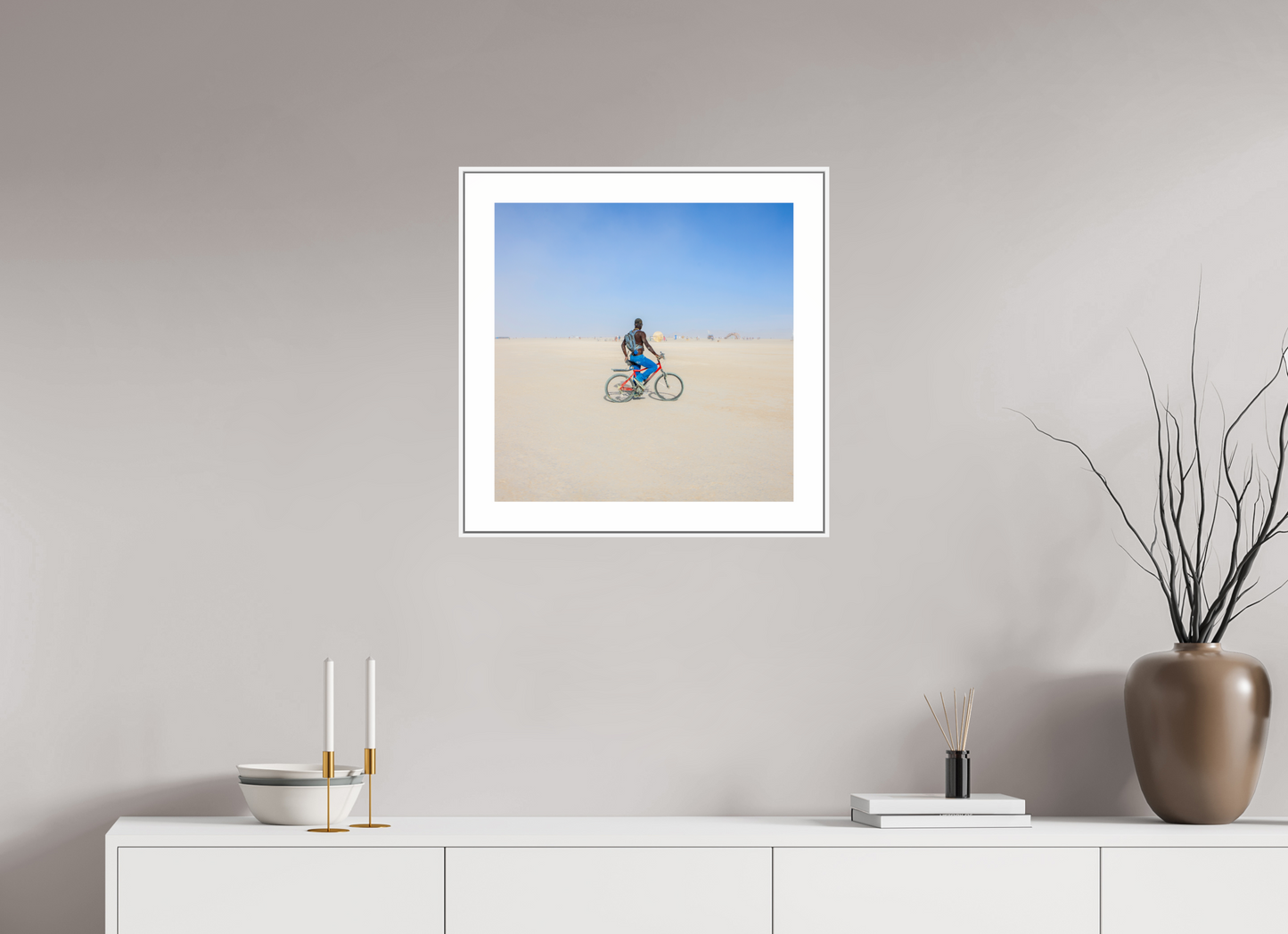 20 x 20″, White Matte Frame Burning Man - Man on Red Bike