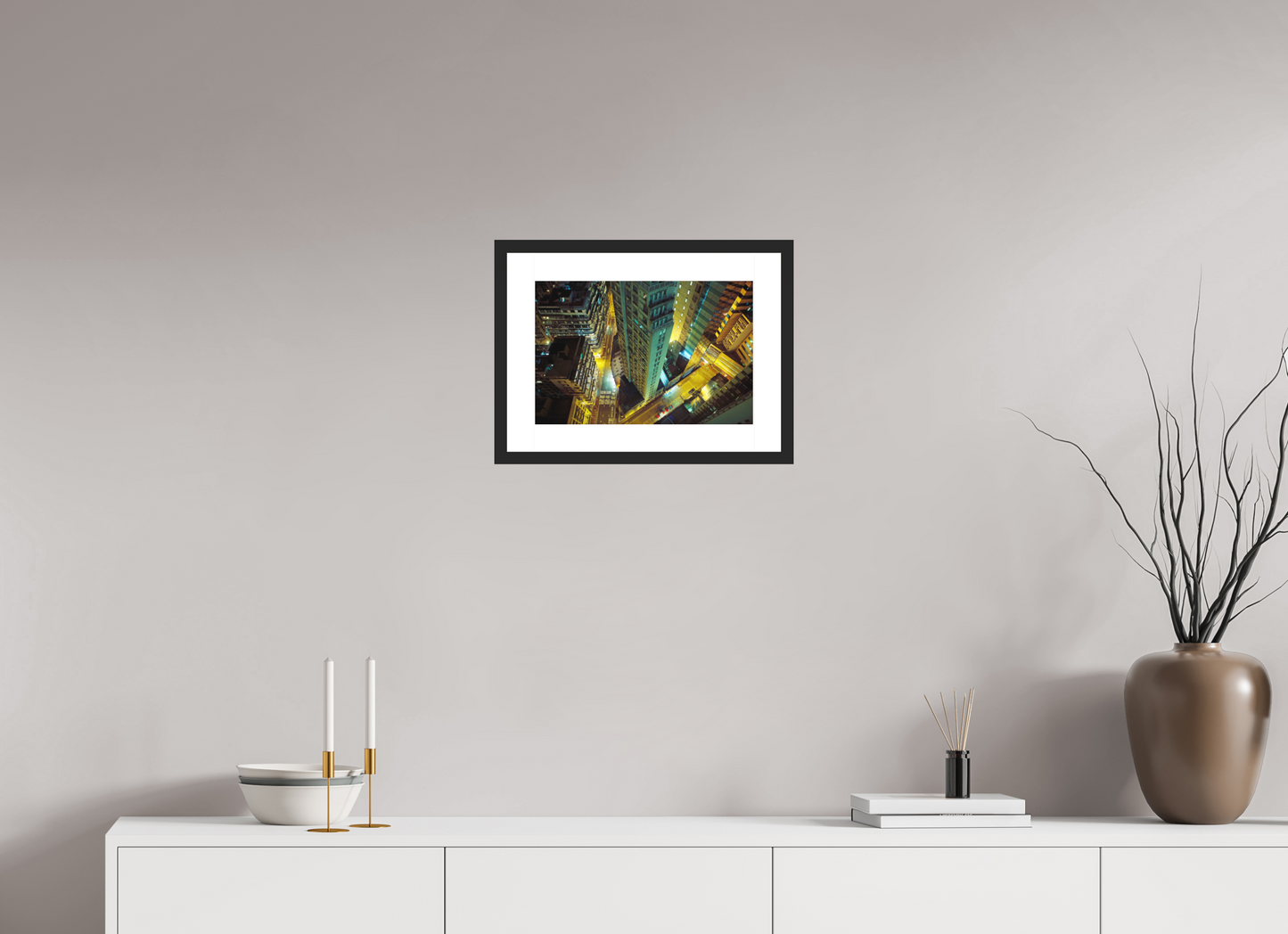 15 x 10″, Solid 0.8" Black Wood Frame With 2" Natural White Passe-Partout with Museum Glass Downtown Hong Kong