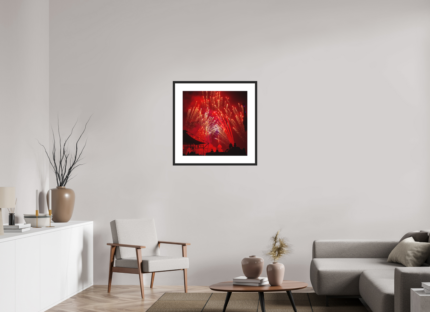 25 x 25″, Solid 0.8" Black Wood Frame With 3" Natural White Passe-Partout with Museum Glass Burning Man - Red Fireworks (square format)