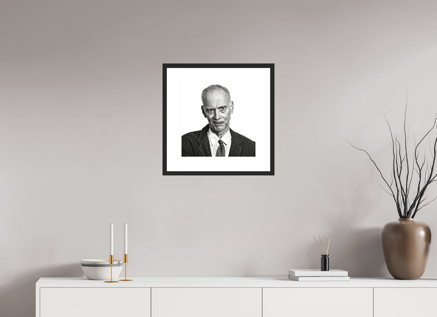 15 x 15″, Solid 0.8" Black Wood Frame With 3" Natural White Passe-Partout with Museum Glass Director John Waters Grimacing (square format)