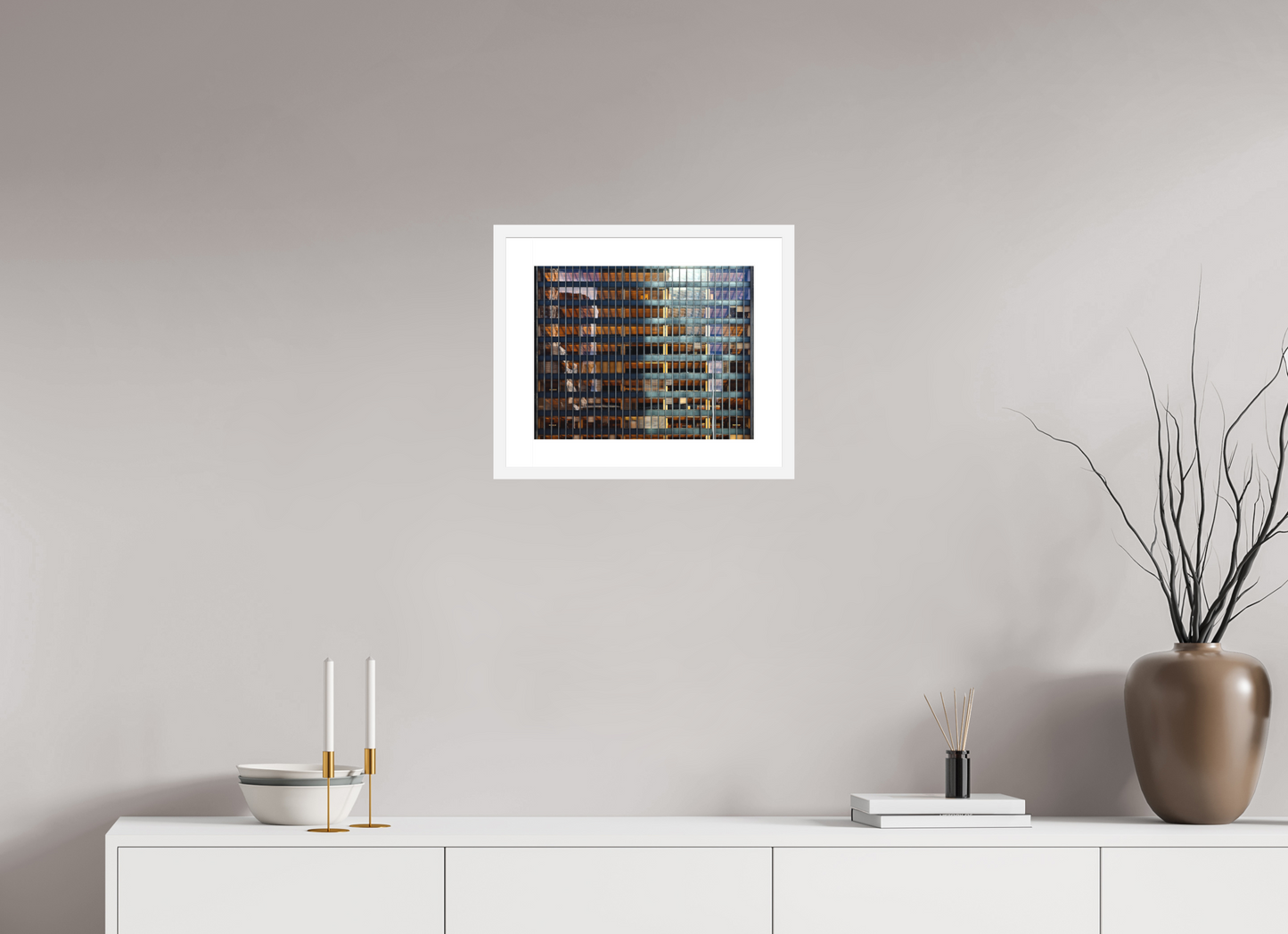 15.1 x 12″, Solid 0.8" White Wood Frame With 2" Natural White Passe-Partout with Museum Glass Seagram Building
