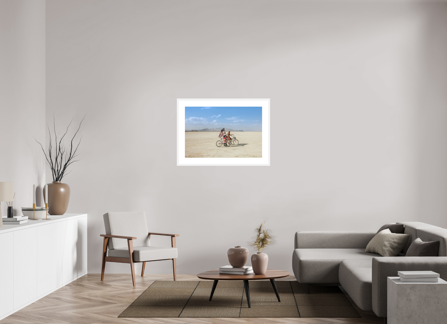 36 x 24″, Solid 0.8" White Wood Frame With 3" Natural White Passe-Partout with Museum Glass Burning Man - Two with Bikes and USA Flag