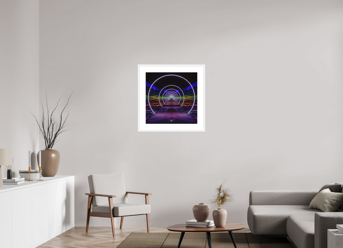 25 x 25″, Solid 0.8" White Wood Frame With 3" Natural White Passe-Partout with Museum Glass Burning Man - Concentric Circles of Light