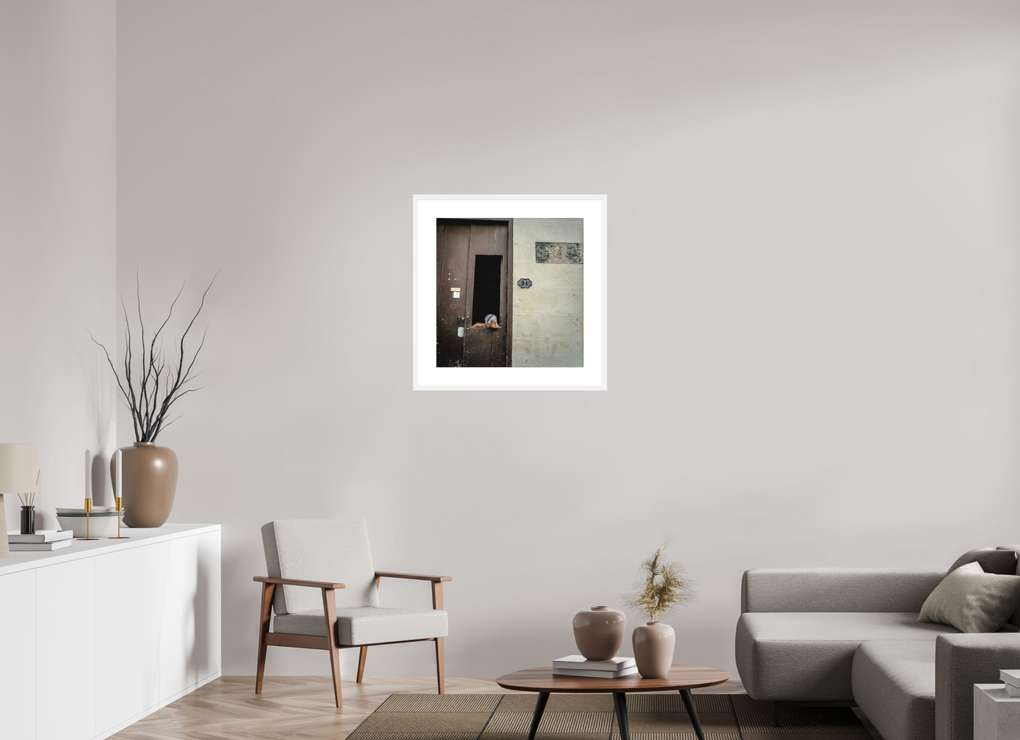 24 x 24.3″, Solid 0.8" White Wood Frame With 3" Natural White Passe-Partout with Museum Glass Cuban Woman in Window, Havana