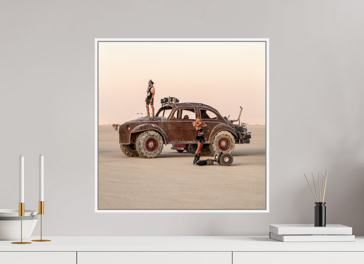 20 x 20″, White Matte Frame, No Border Burning Man - Art Car Large VW