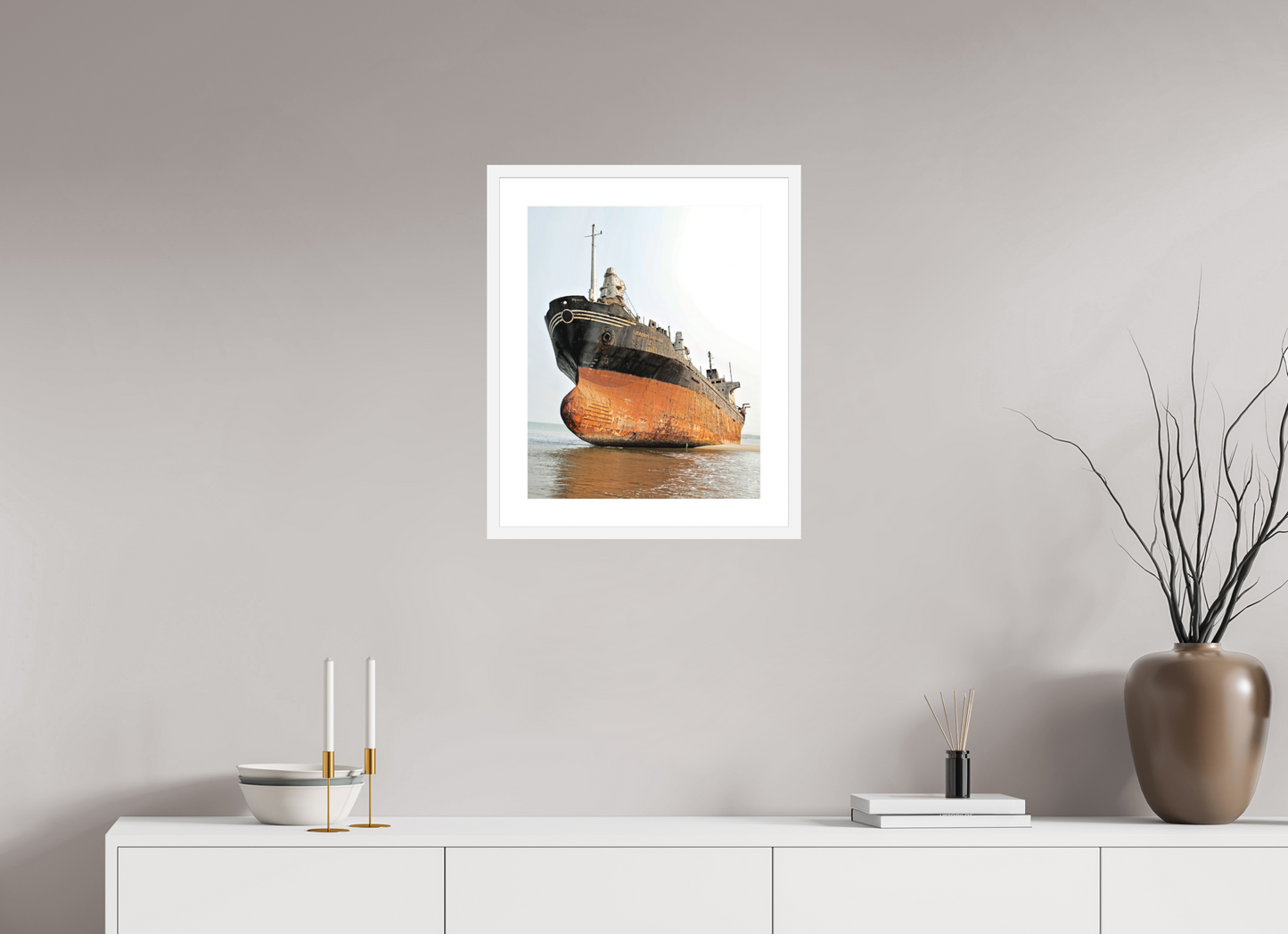16 x 20″, Solid 0.8" White Wood Frame With 2" Natural White Passe-Partout with Museum Glass Beached Ship Angola