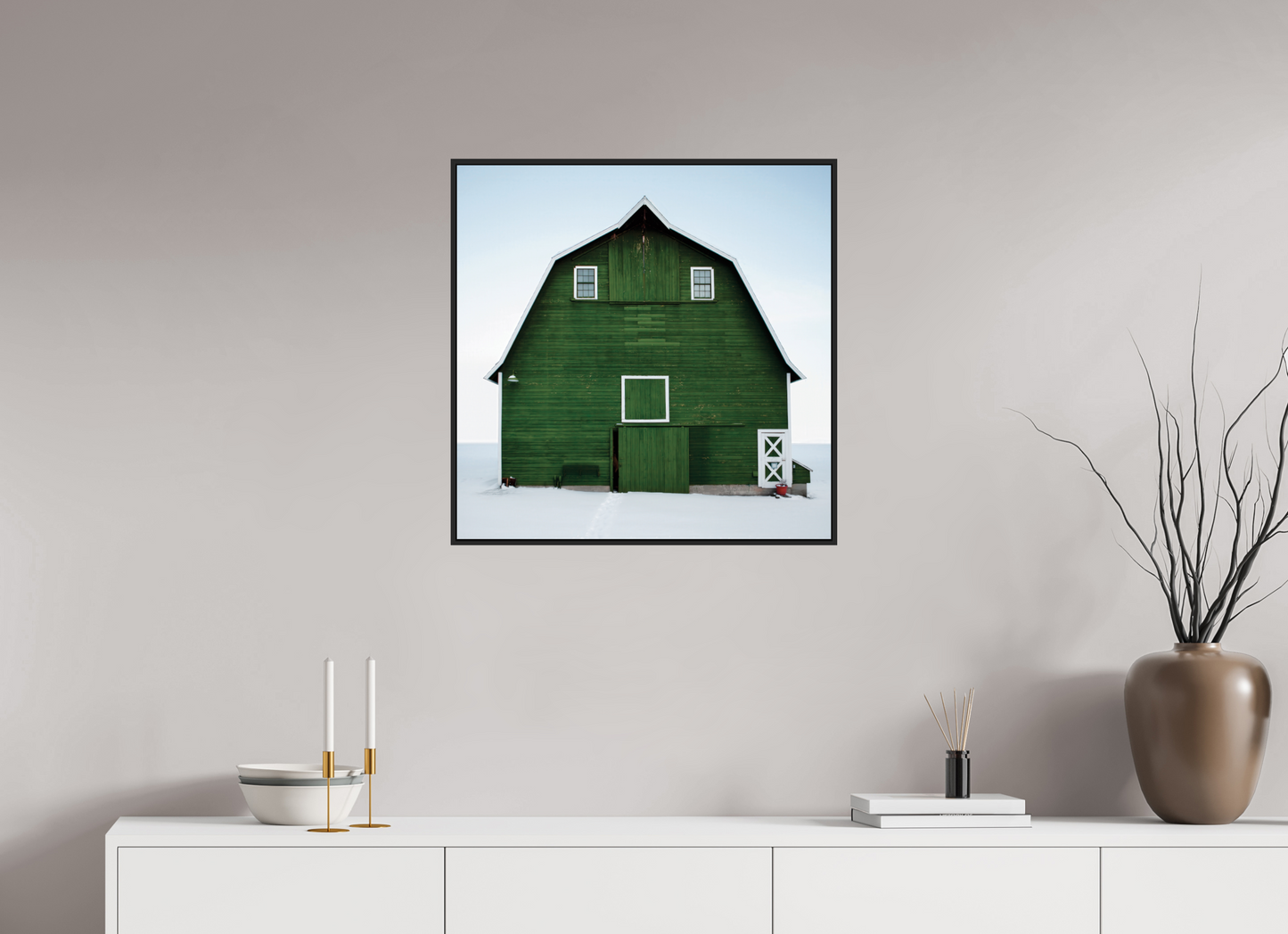 25 x 25″, Black Matte Frame, No Border Green Barn