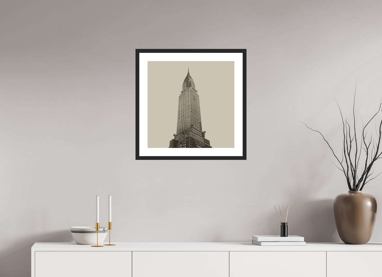 20 x 20″, Solid 0.8" Black Wood Frame With 2" Natural White Passe-Partout with Museum Glass Chrysler Building, NY