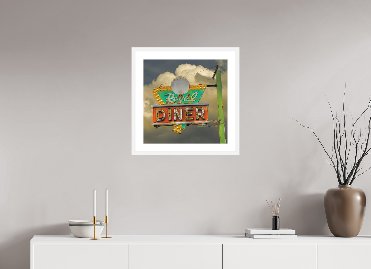 20 x 20″, Solid 0.8" White Wood Frame With 2" Natural White Passe-Partout with Museum Glass Royal Diner Sign