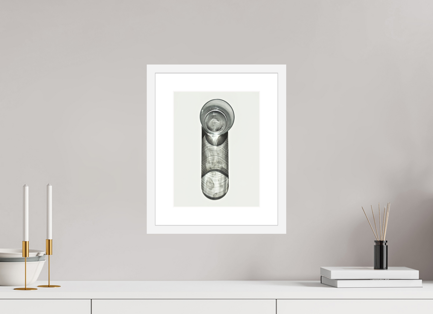 9 x 12″, Solid 0.8" White Wood Frame With 2" Natural White Passe-Partout with Museum Glass Water Glass with Shadow