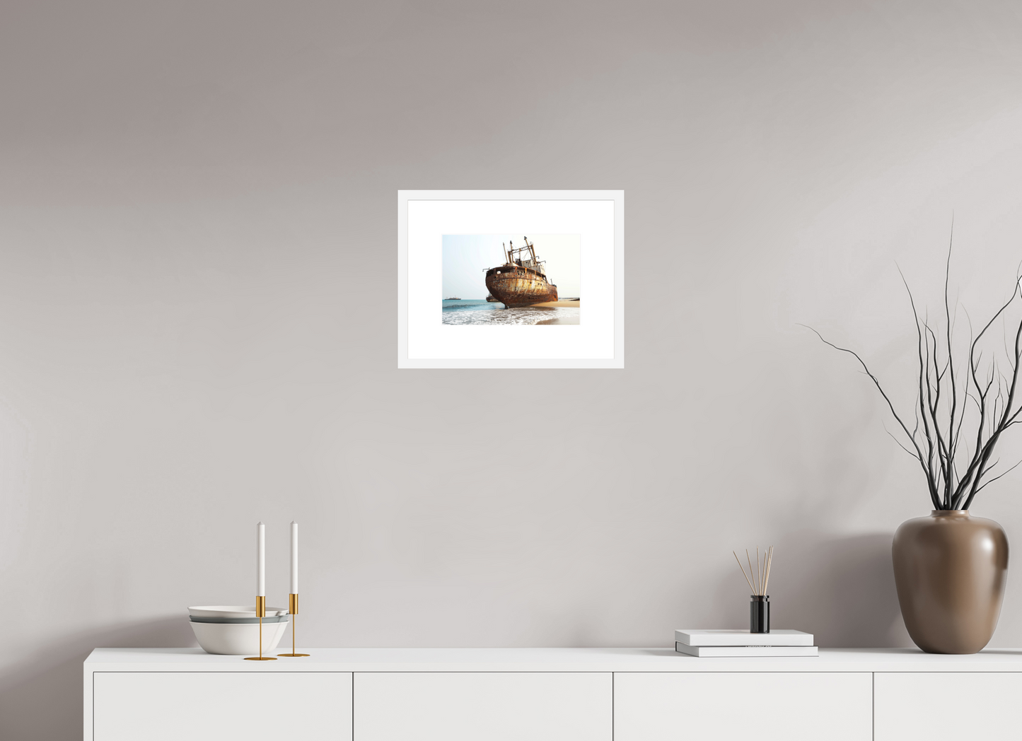 12 x 8″, Solid 0.8" White Wood Frame With 3" Natural White Passe-Partout with Museum Glass Grounded Ships Angola