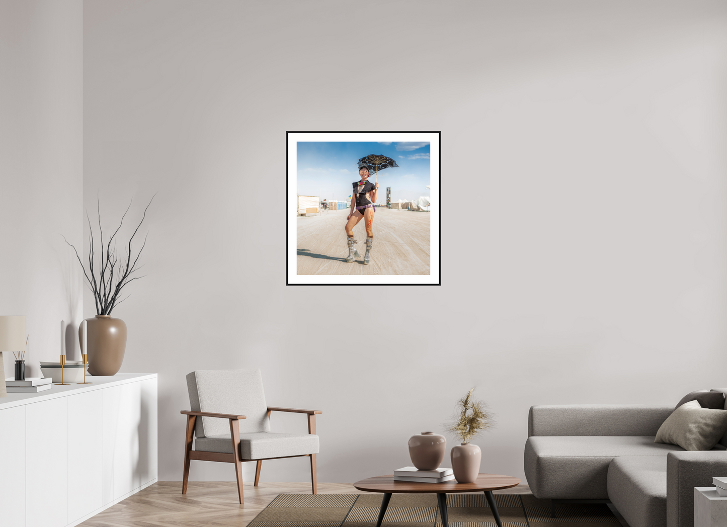 30 x 30″, Black Matte Frame Burning Man - Attendee with Parasol