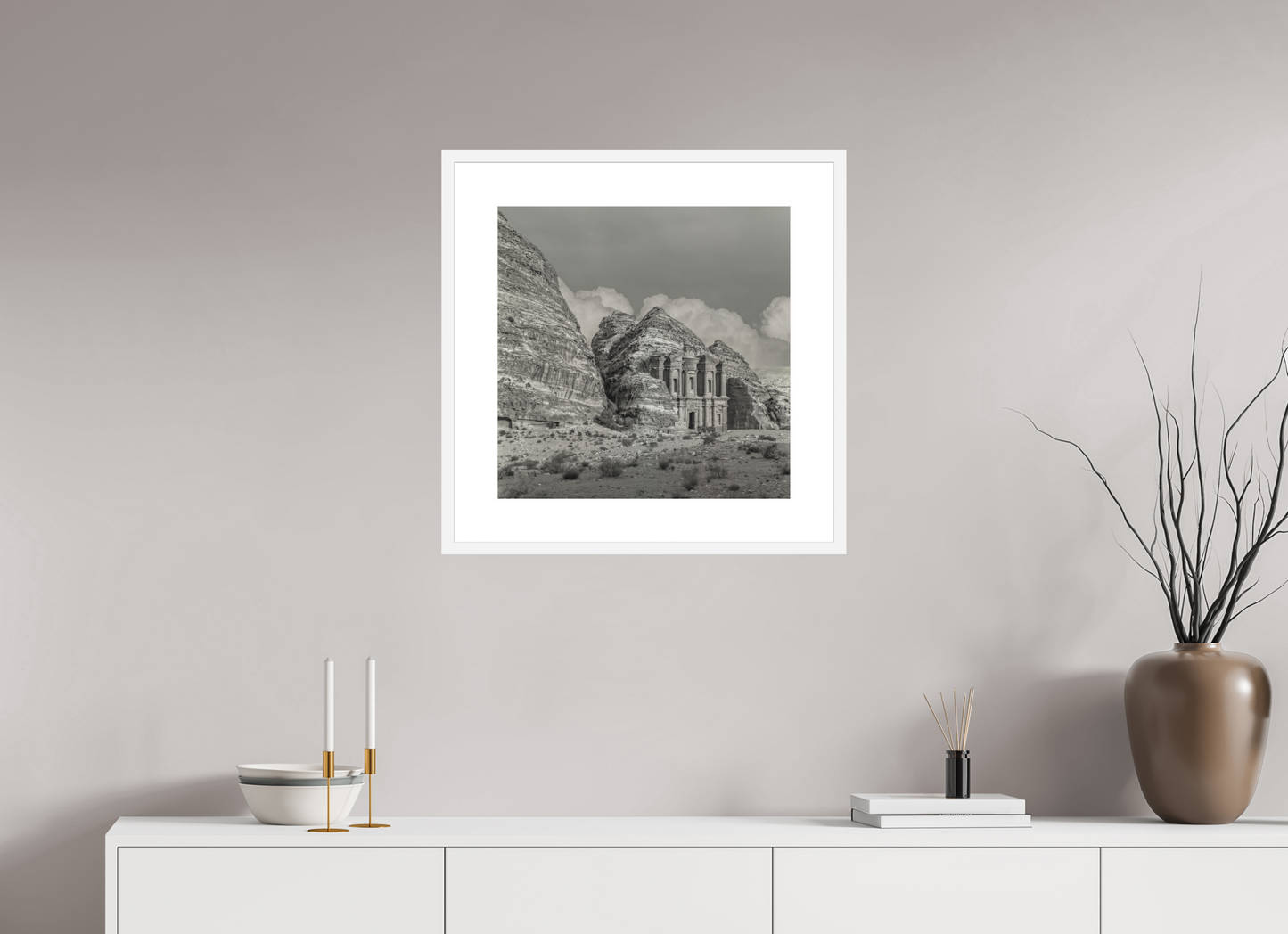 20 x 20″, Solid 0.8" White Wood Frame With 3" Natural White Passe-Partout with Museum Glass #220 Monastary in Petra