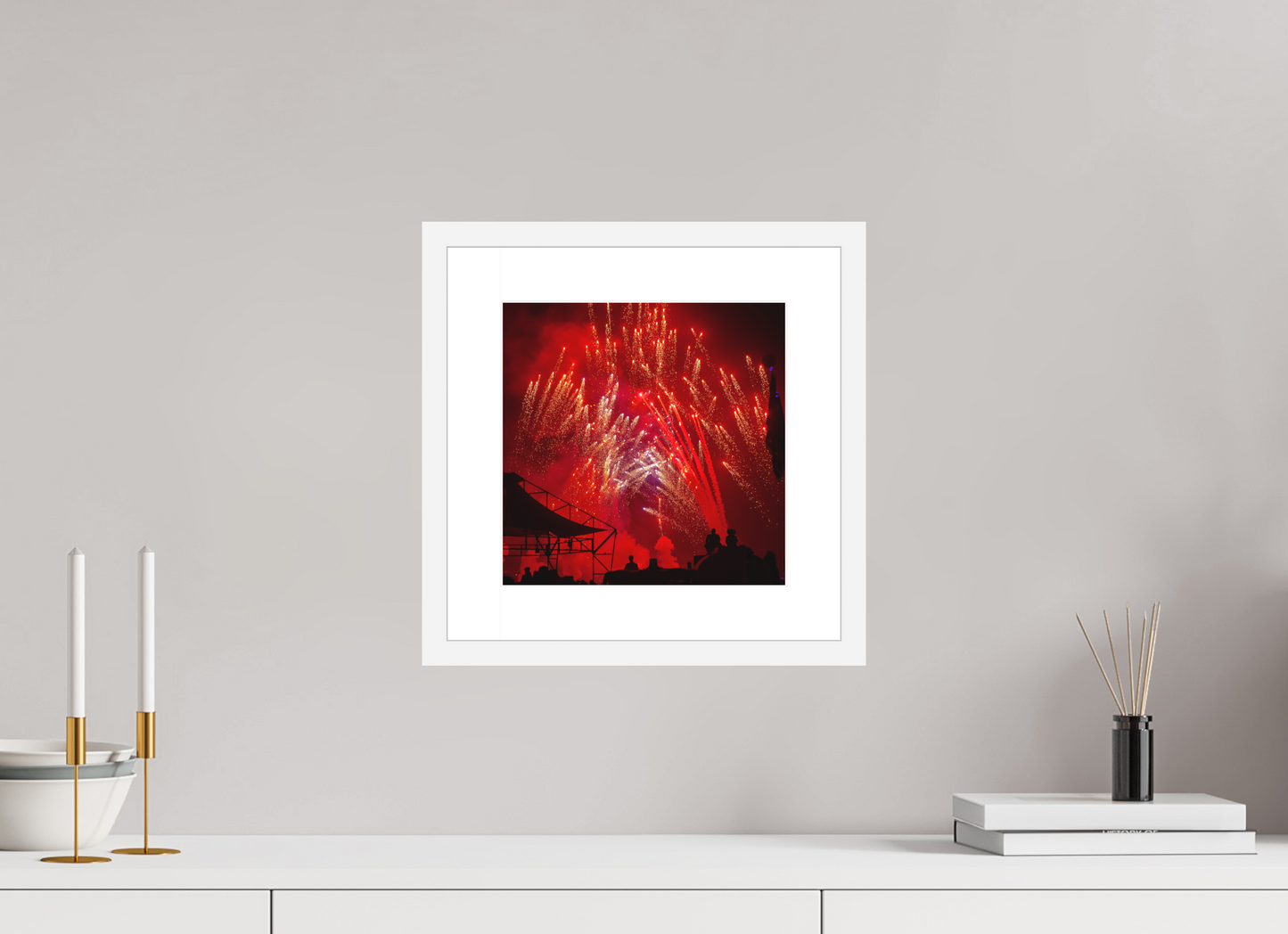 10 x 10″, Solid 0.8" White Wood Frame With 2" Natural White Passe-Partout with Museum Glass Burning Man - Red Fireworks (square format)