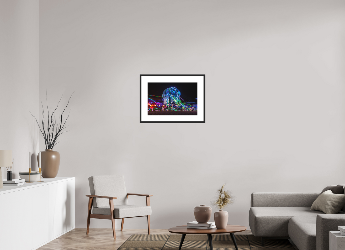 24 x 16″, Solid 0.8" Black Wood Frame With 3" Natural White Passe-Partout with Museum Glass Burning Man - Glass Jellyfish