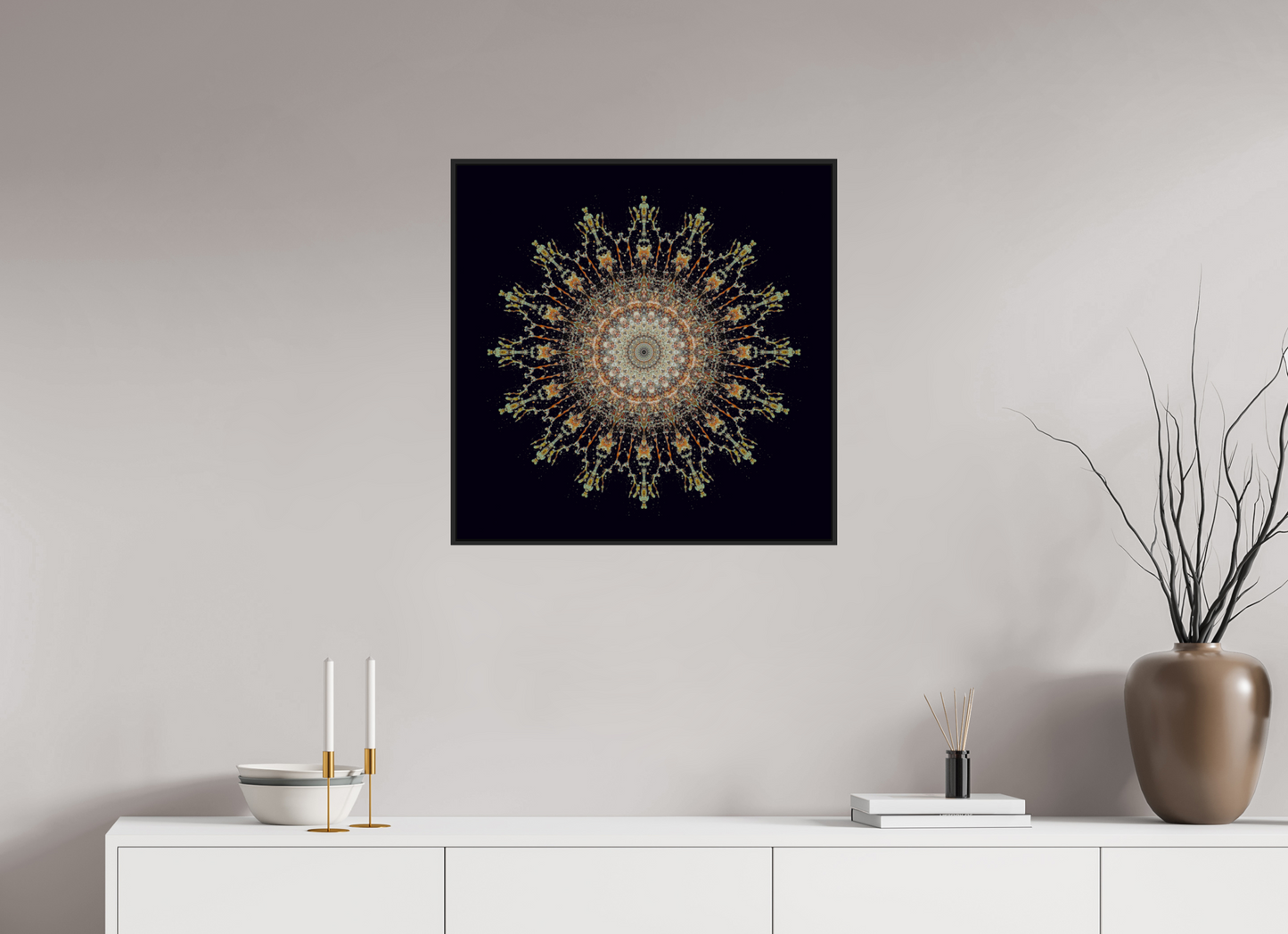25 x 25″, Black Matte Frame, No Border Water Mandala No. 4092