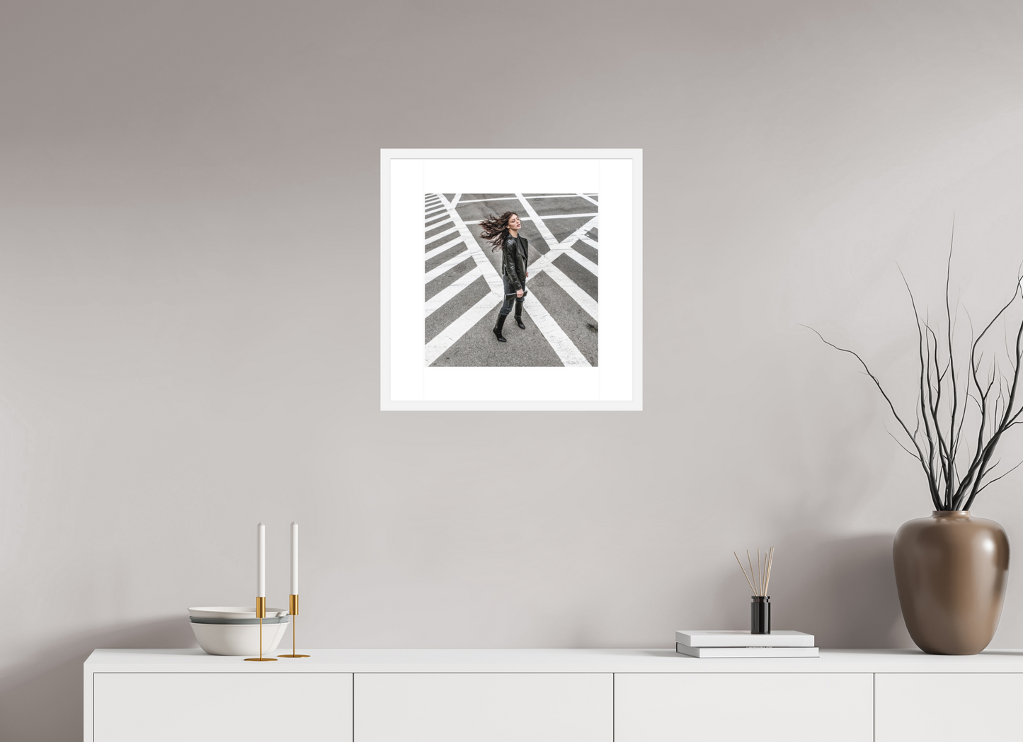 15 x 15″, Solid 0.8" White Wood Frame With 3" Natural White Passe-Partout with Museum Glass Woman at Crosswalk