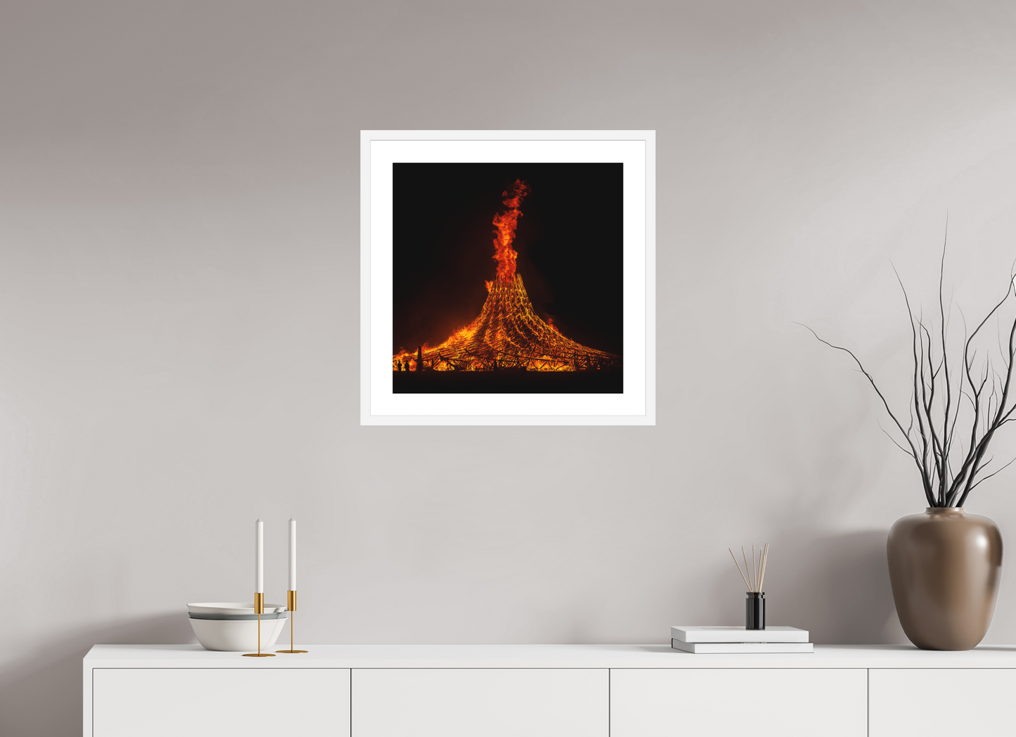 20 x 20″, Solid 0.8" White Wood Frame With 2" Natural White Passe-Partout with Museum Glass Burning Man - Temple Burn 1