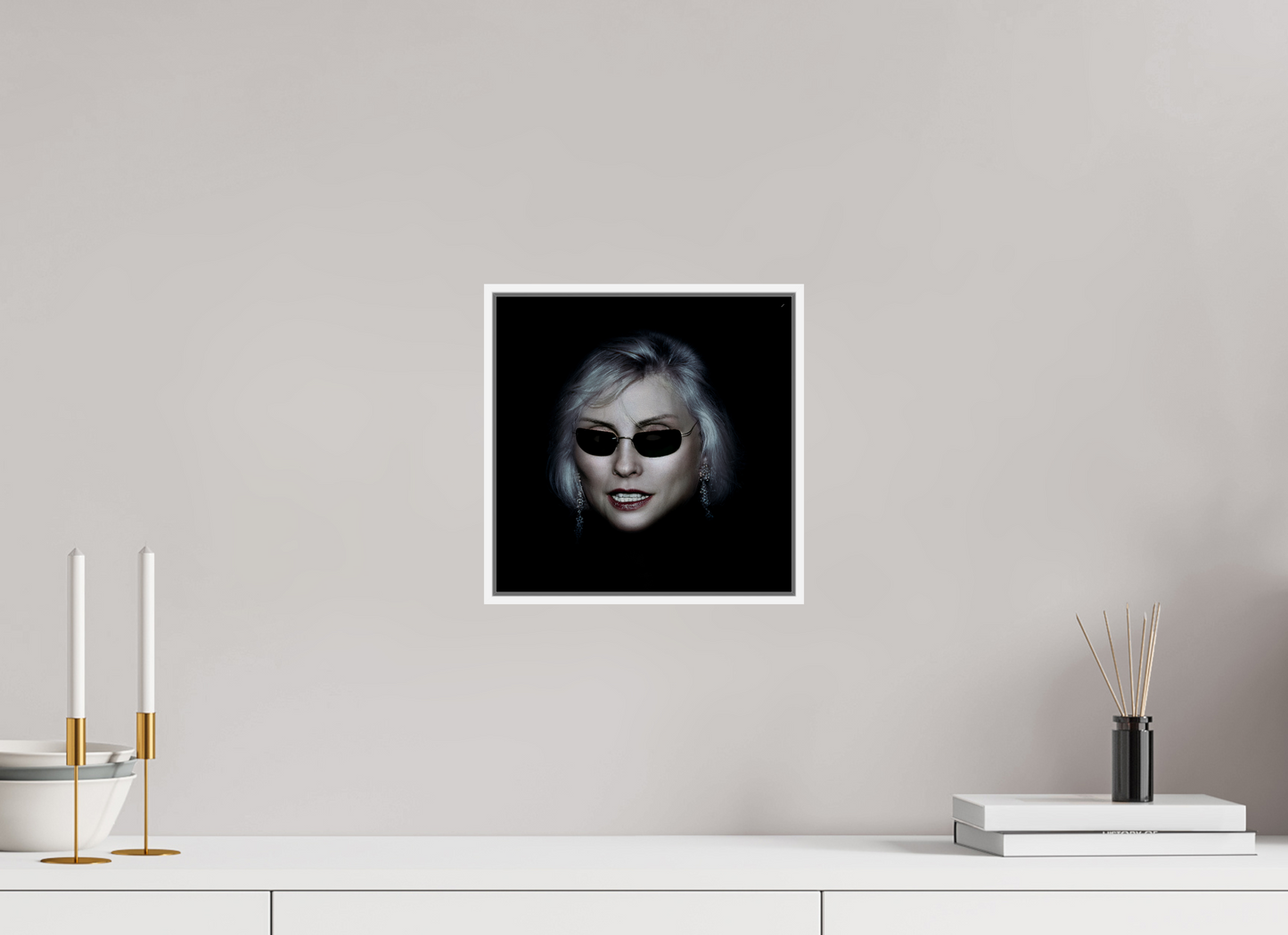10 x 10″, White Matte Frame, No Border Debbie Harry Wearing Glasses