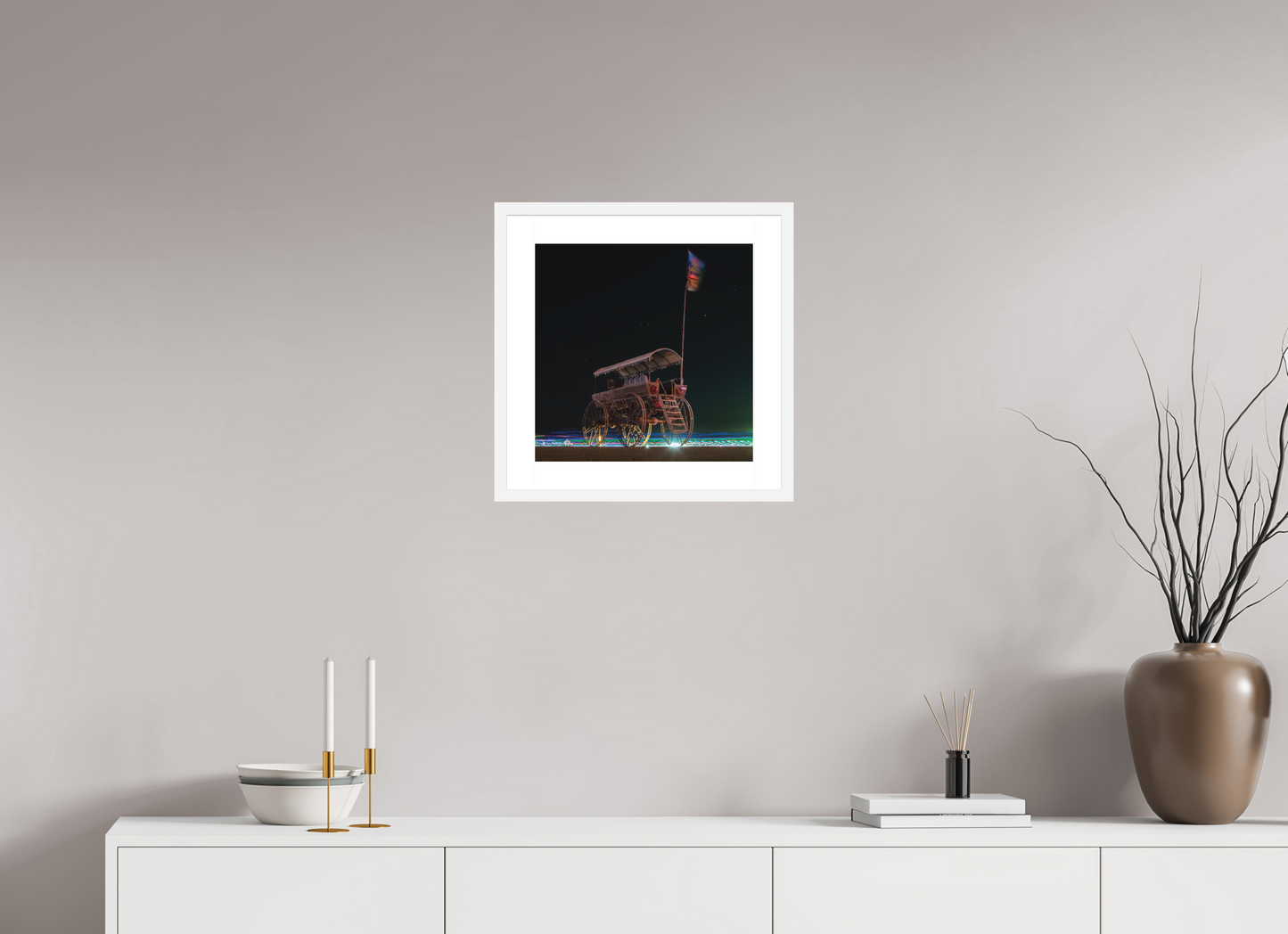 15 x 15″, Solid 0.8" White Wood Frame With 2" Natural White Passe-Partout with Museum Glass Burning Man - Art Car with Flag