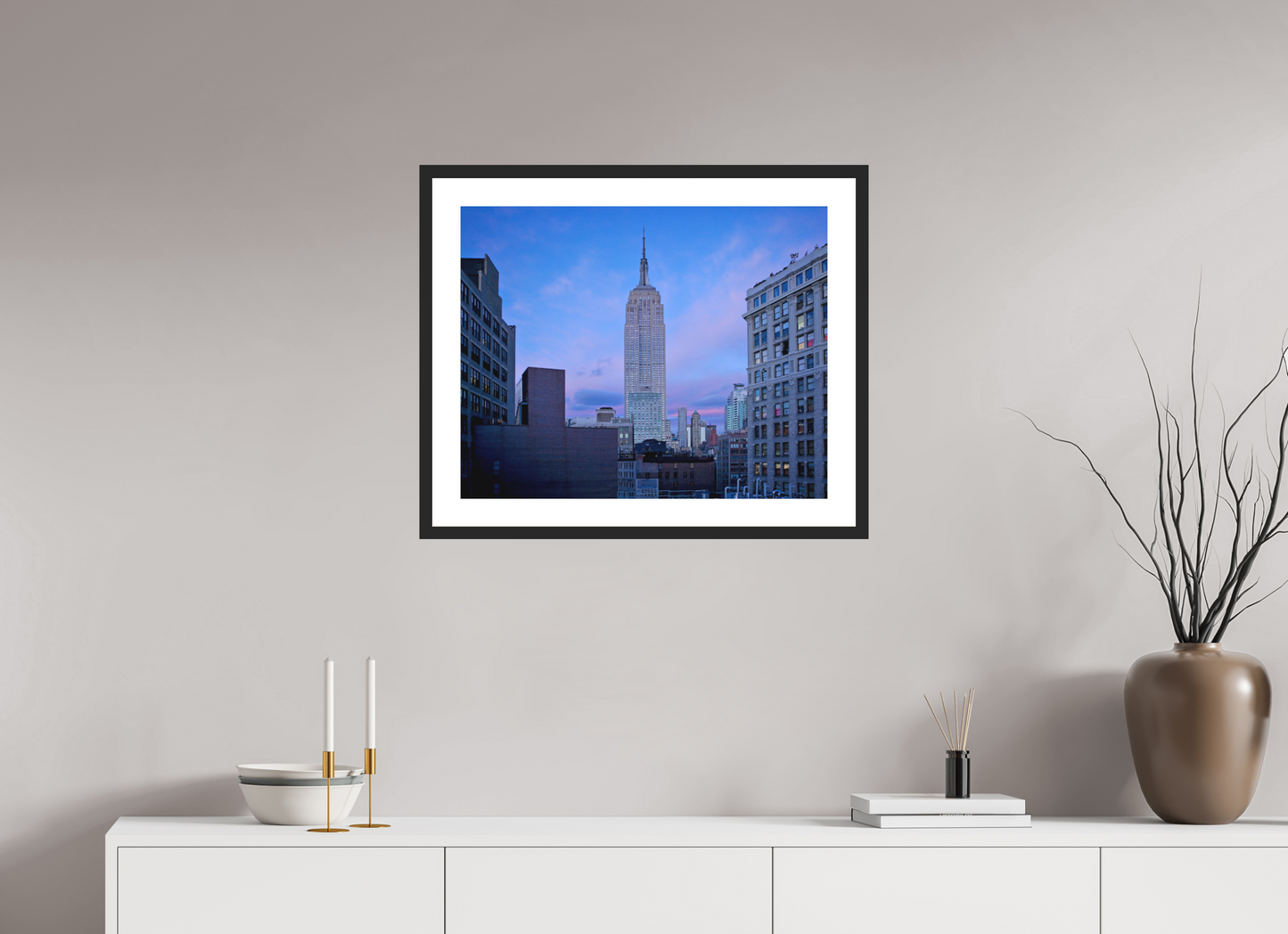 25 x 20″, Solid 0.8" Black Wood Frame With 2" Natural White Passe-Partout with Museum Glass The Empire State Building at Dusk