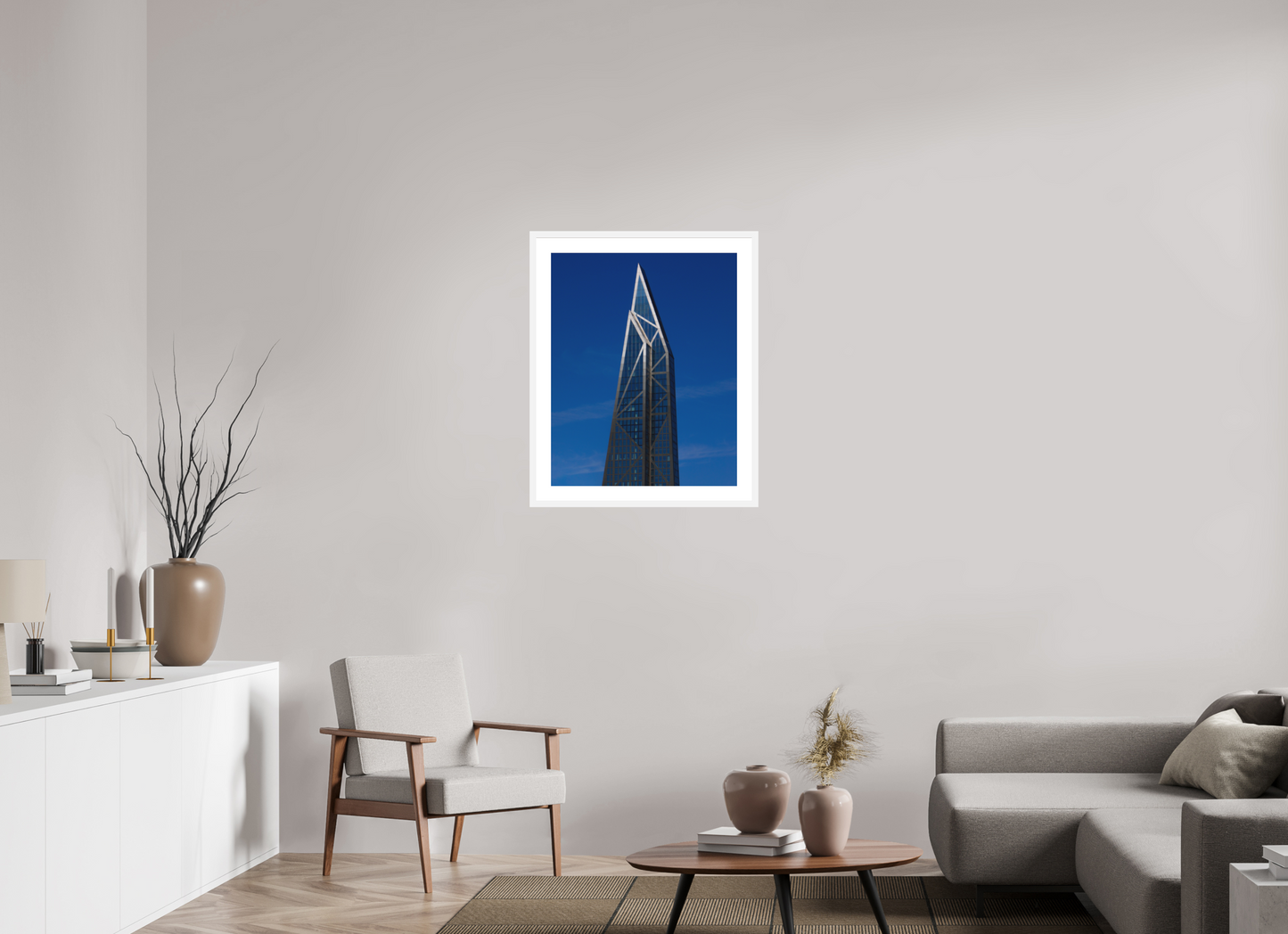 24 x 30″, Solid 0.8" White Wood Frame With 2" Natural White Passe-Partout with Museum Glass MoMA Tower