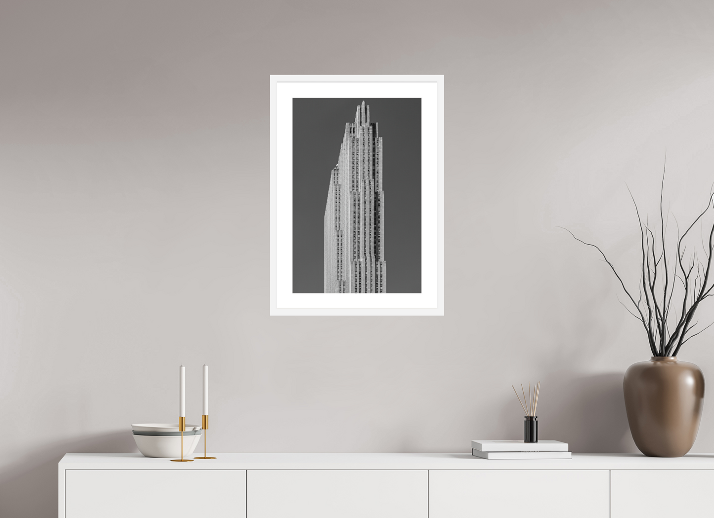 16 x 24″, Solid 0.8" White Wood Frame With 2" Natural White Passe-Partout with Museum Glass Rockefeller Center