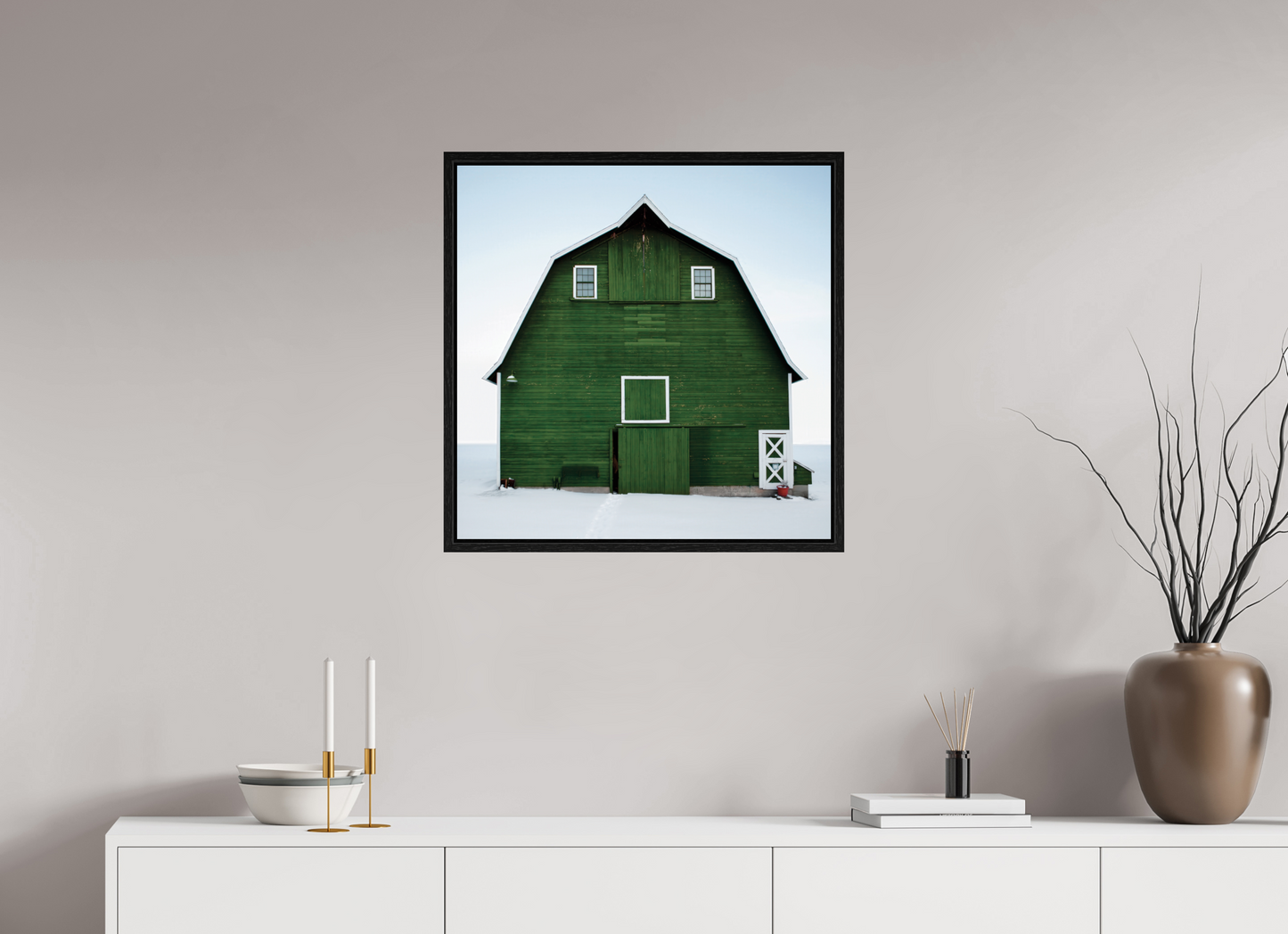 25 x 25″, Floater Frame Green Barn