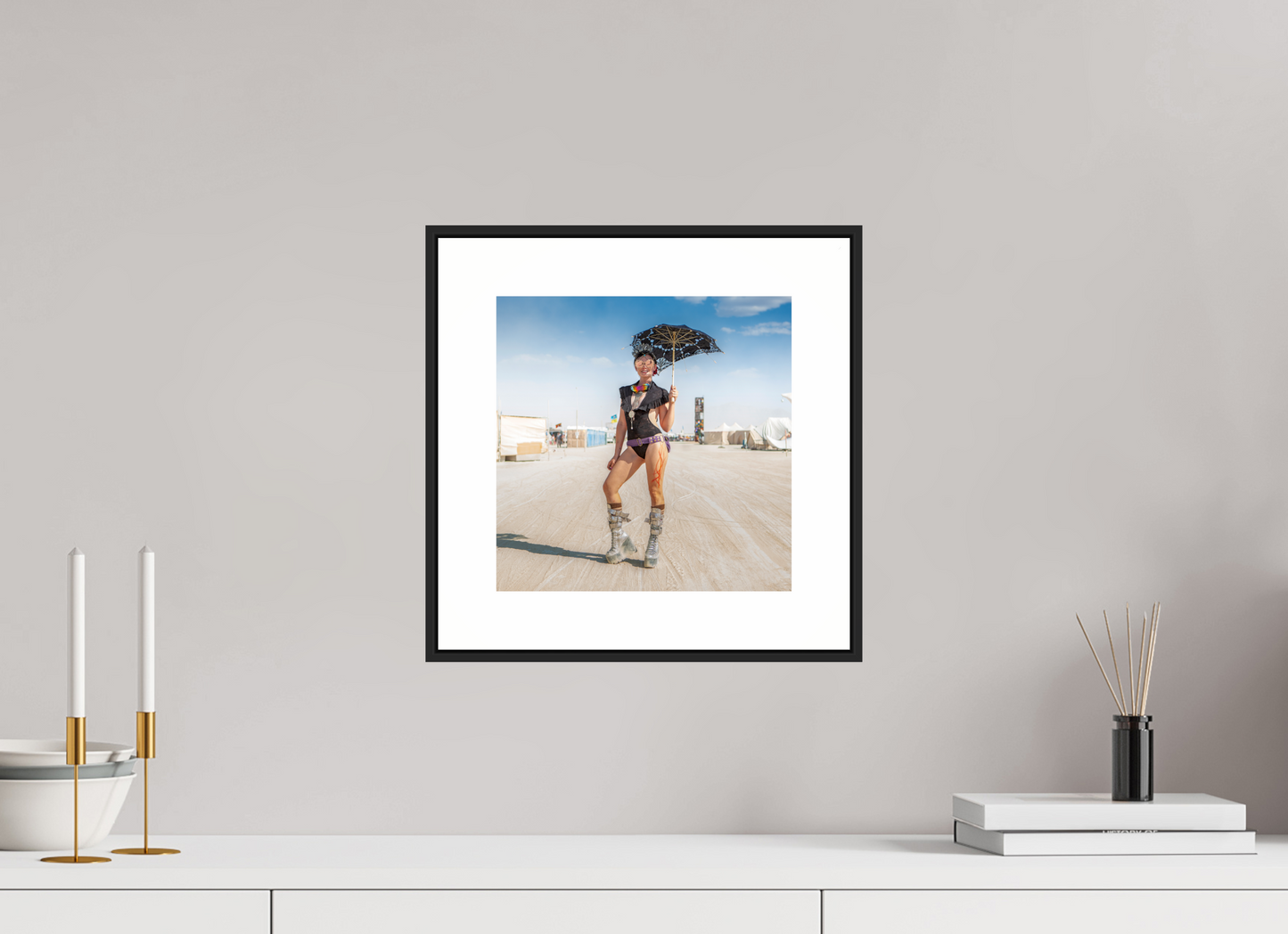 10 x 10″, Black Matte Frame Burning Man - Attendee with Parasol