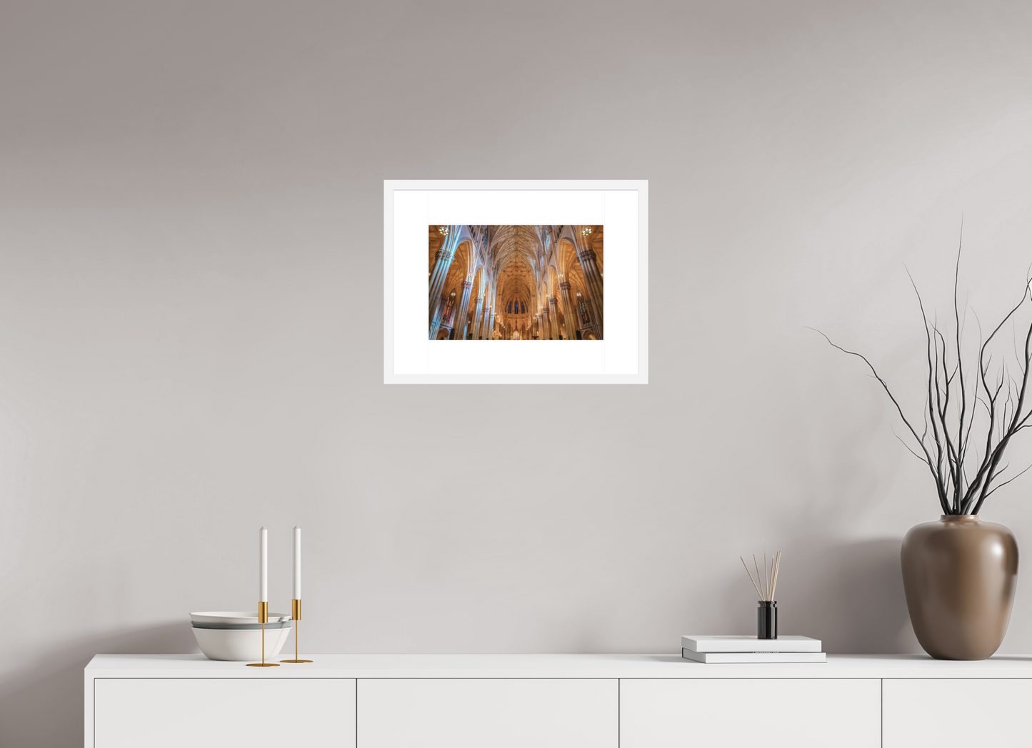 15 x 10″, Solid 0.8" White Wood Frame With 3" Natural White Passe-Partout with Museum Glass St. Patrick's Cathedral