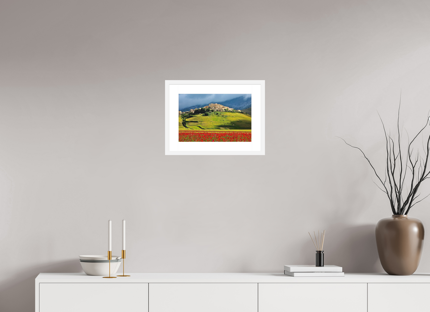 15 x 10″, Solid 0.8" White Wood Frame With 2" Natural White Passe-Partout with Museum Glass Castelucci, Umbrian Landscape