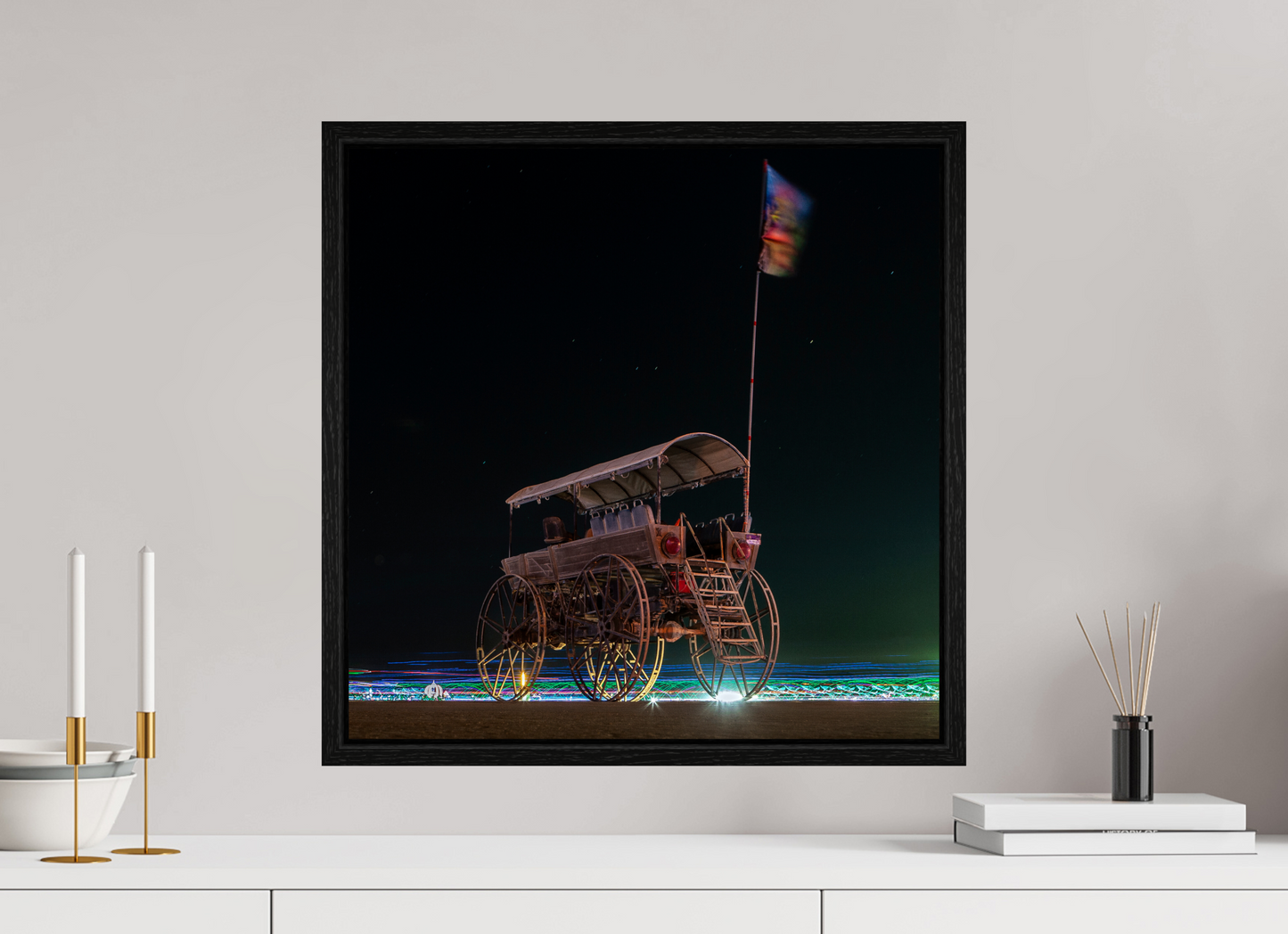 20 x 20″, Floater Frame Burning Man - Art Car with Flag